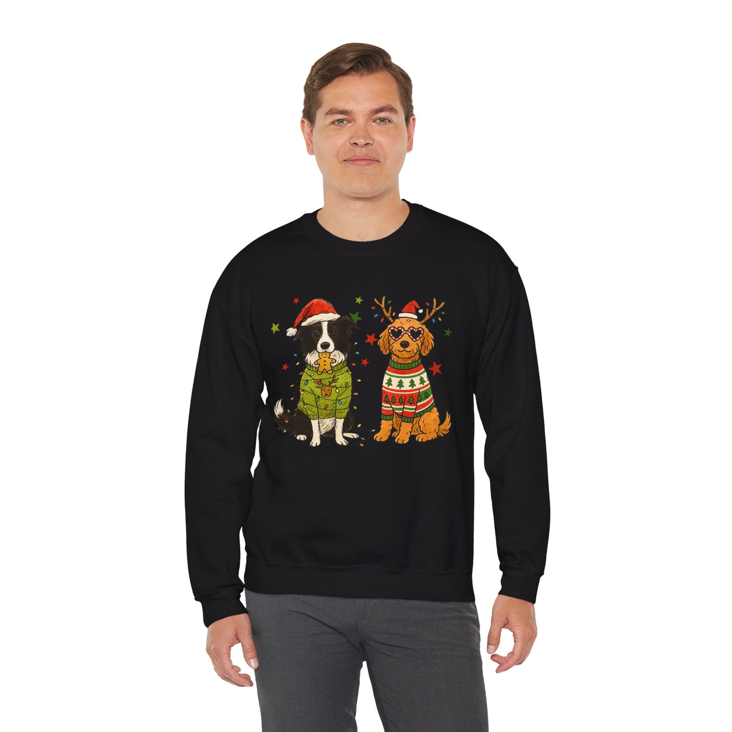 Black Christmas sweatshirt featuring two cheerful dogs in seasonal outfits, studio front view for pet lovers
Red fleece crew with two-dog holiday illustration, relaxed unisex fit shown flat on a clean product backdrop