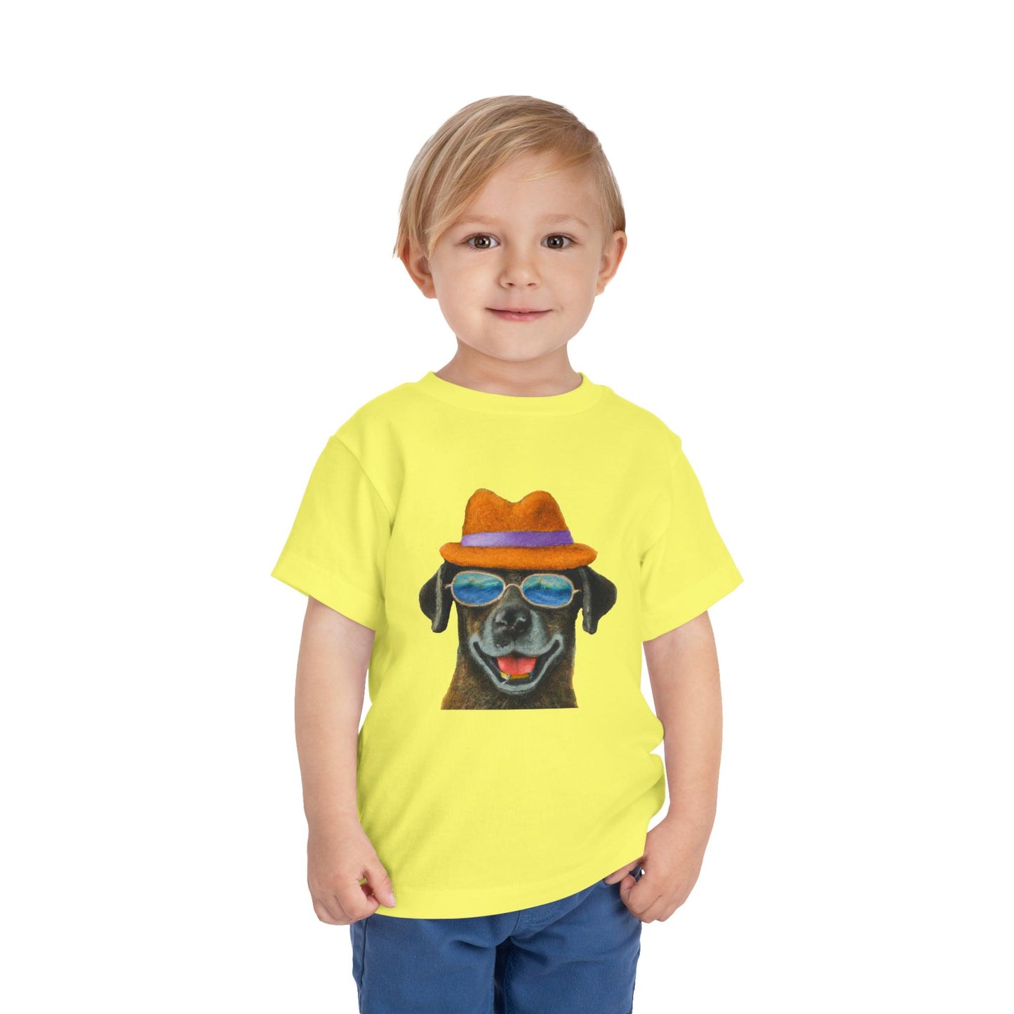 Dog at the beach wearing a hat and sunglasses painted art Toddler Short Sleeve Tee - Giftsmojo