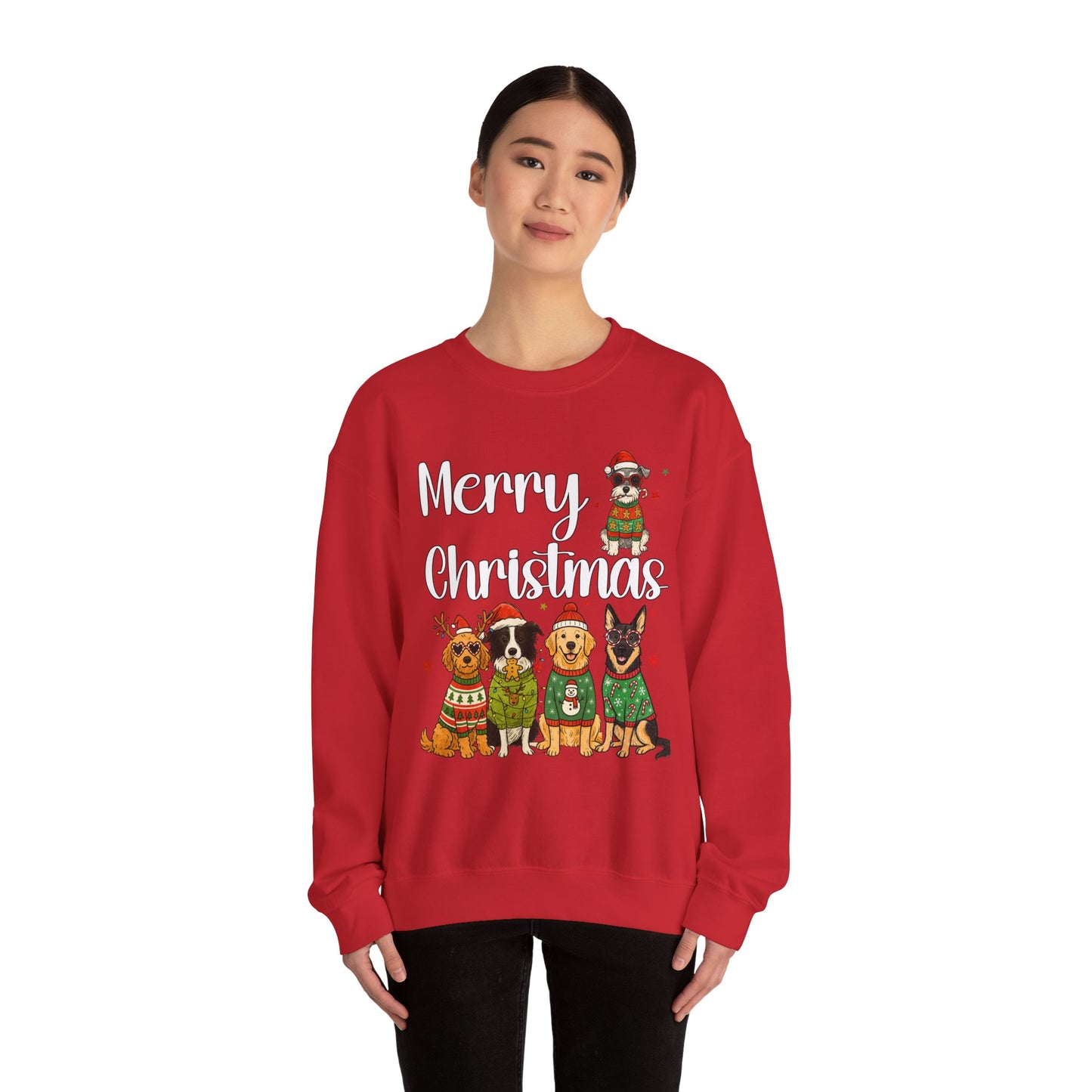 Lifestyle mockup of unisex dog Christmas crew styled for gatherings and photos, bright centered multi-dog design