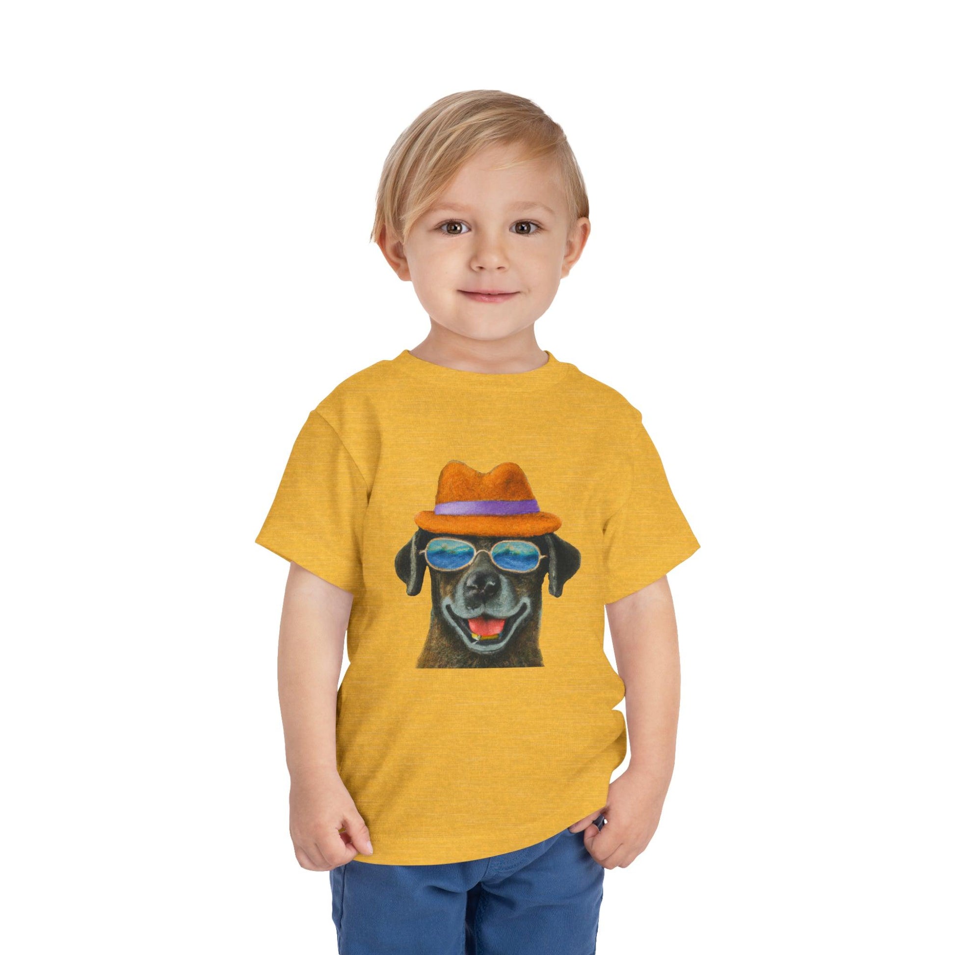 Dog at the beach wearing a hat and sunglasses painted art Toddler Short Sleeve Tee - Giftsmojo