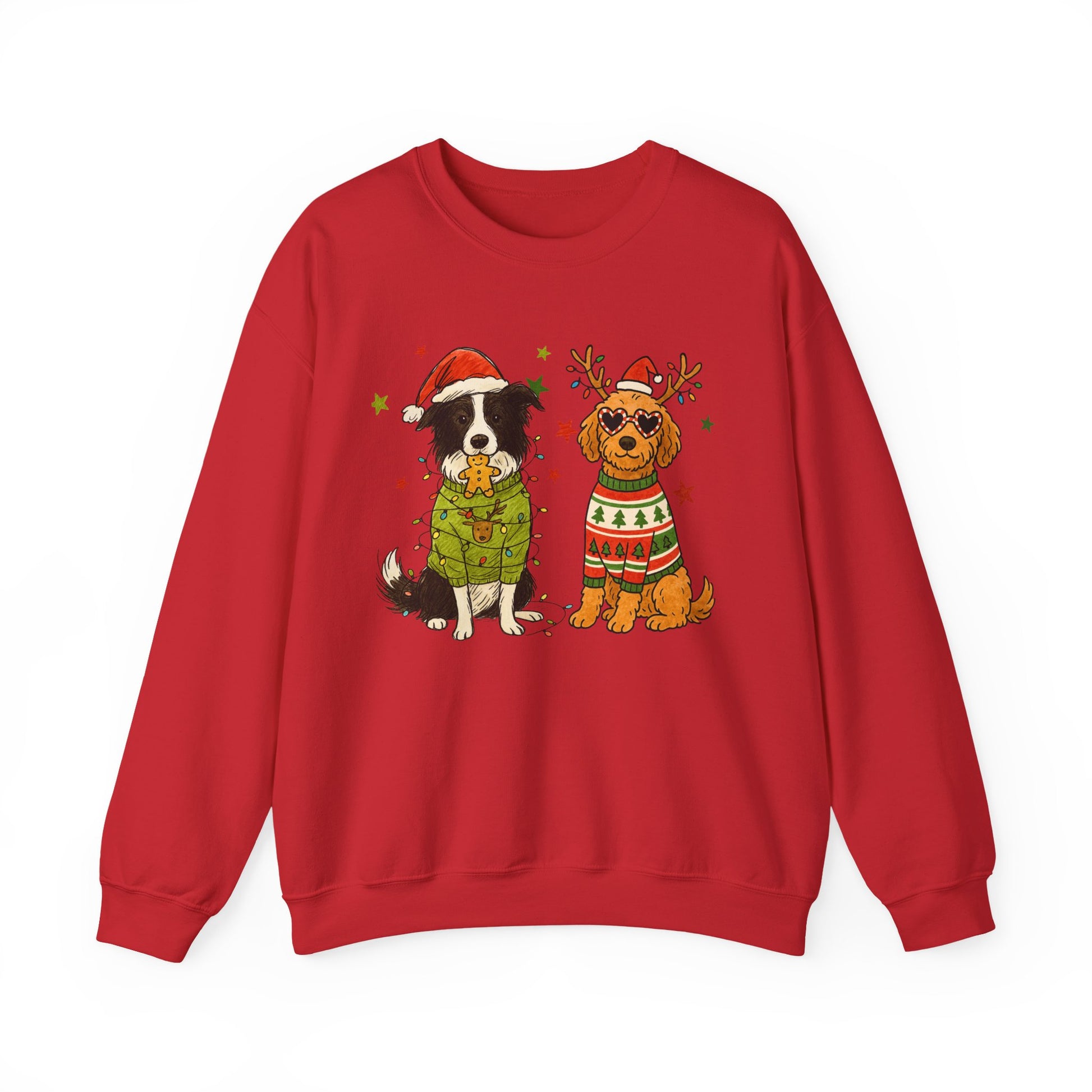 Red fleece crew with two-dog holiday illustration, relaxed unisex fit shown flat on a clean product backdrop