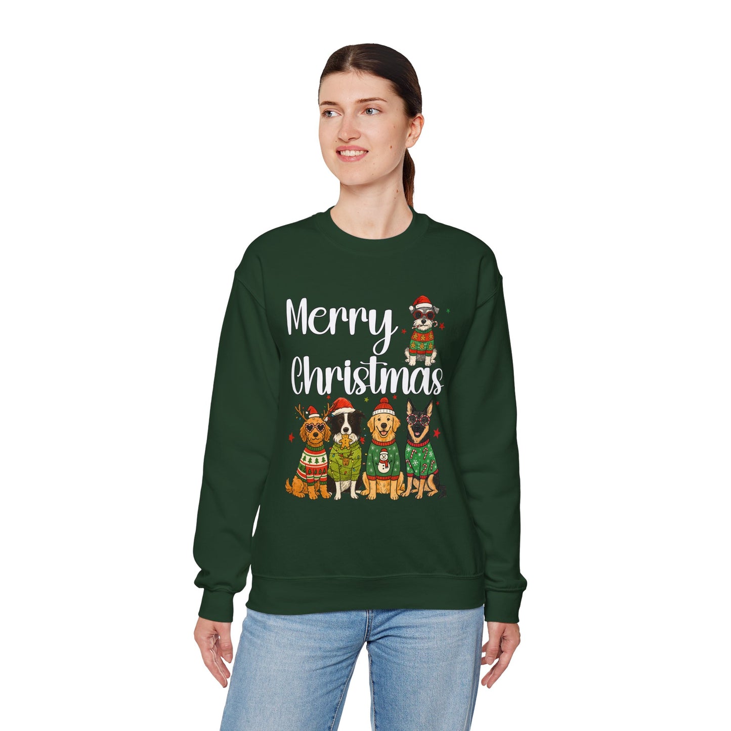 Close-up of five-dog artwork on green Christmas crewneck,