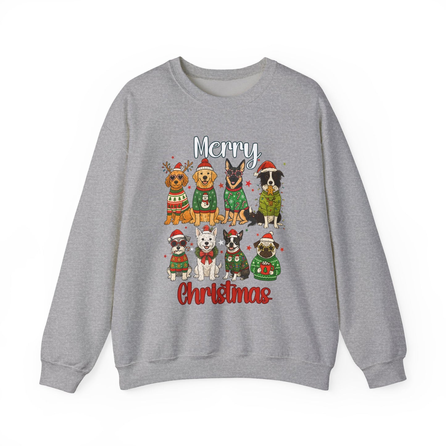 gray crewneck with “Merry Christmas” dogs graphic, unisex fleece shown flat on clean white scene for gifting