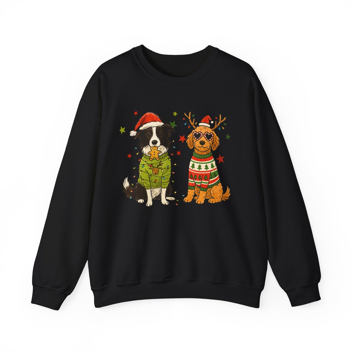 black unisex crewneck with two dogs in holiday sweaters and “Merry Christmas” text, centered graphic