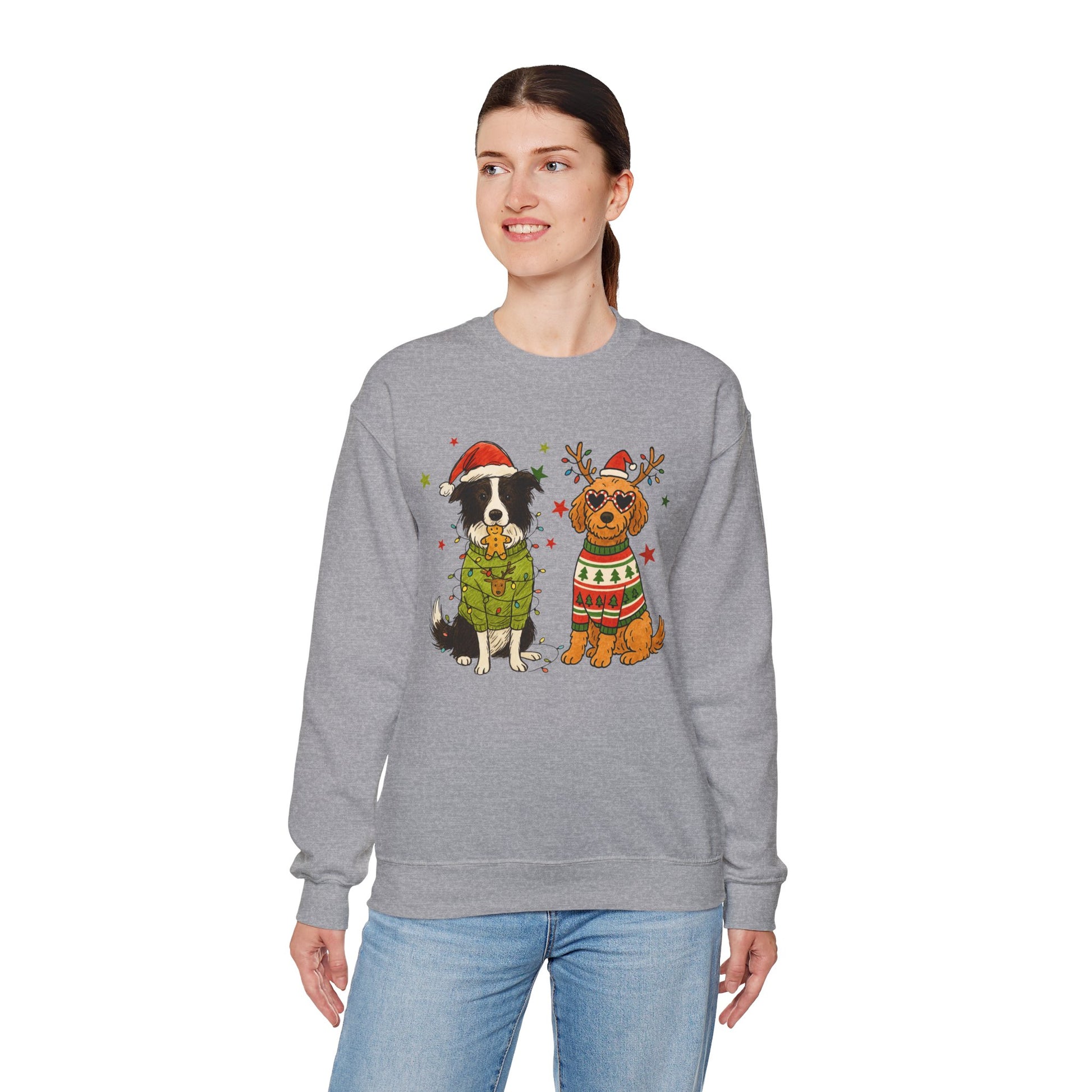 Lifestyle mockup of unisex dog Christmas crew styled for gatherings and photos, bright centered two-dog design