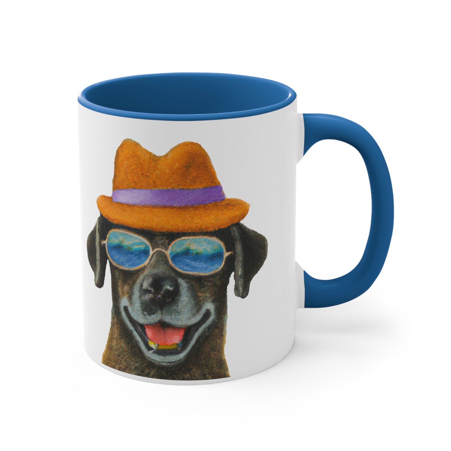 Dog at the beach wearing a hat and sunglasses painted art Accent Coffee Mug, 11oz - Giftsmojo