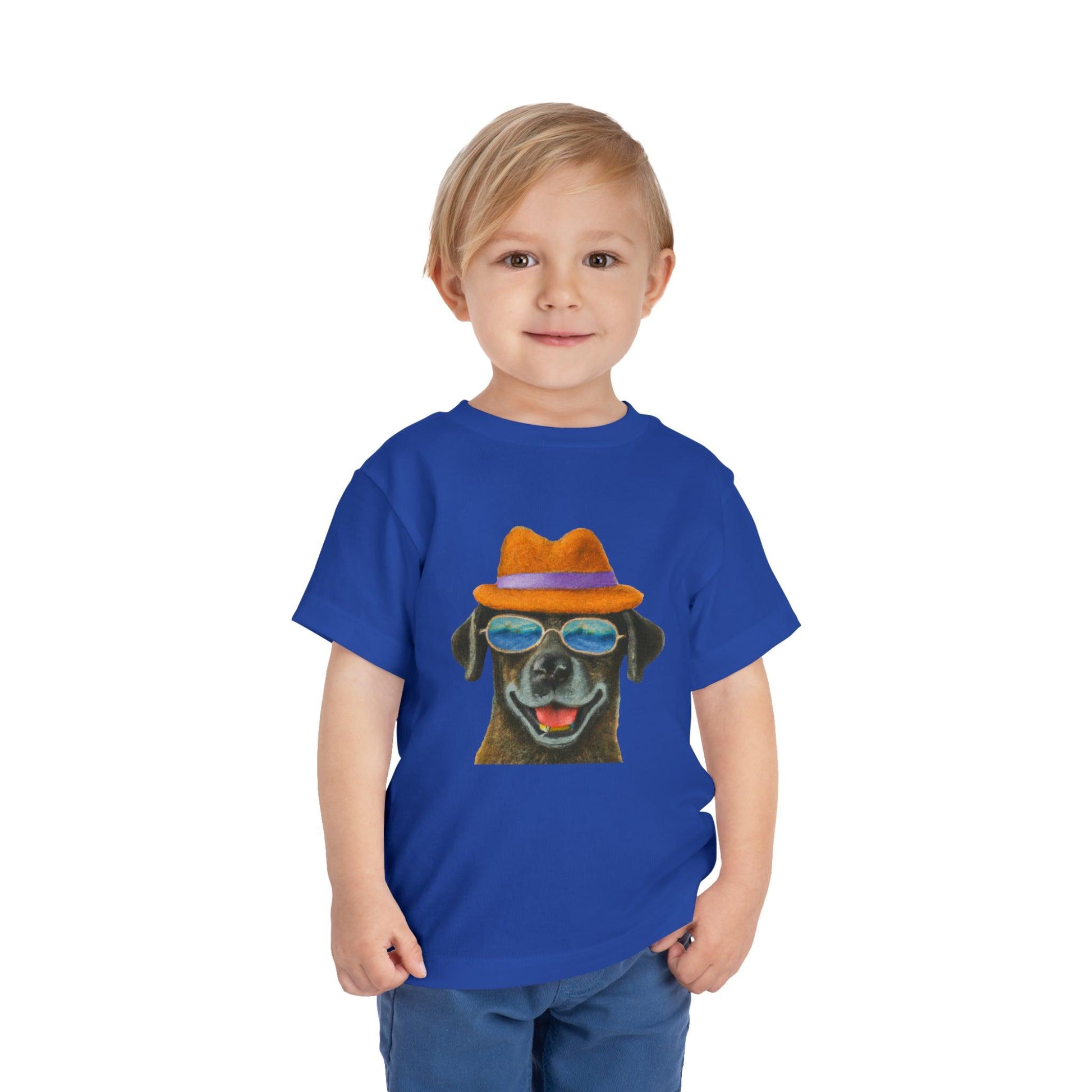 Dog at the beach wearing a hat and sunglasses painted art Toddler Short Sleeve Tee - Giftsmojo