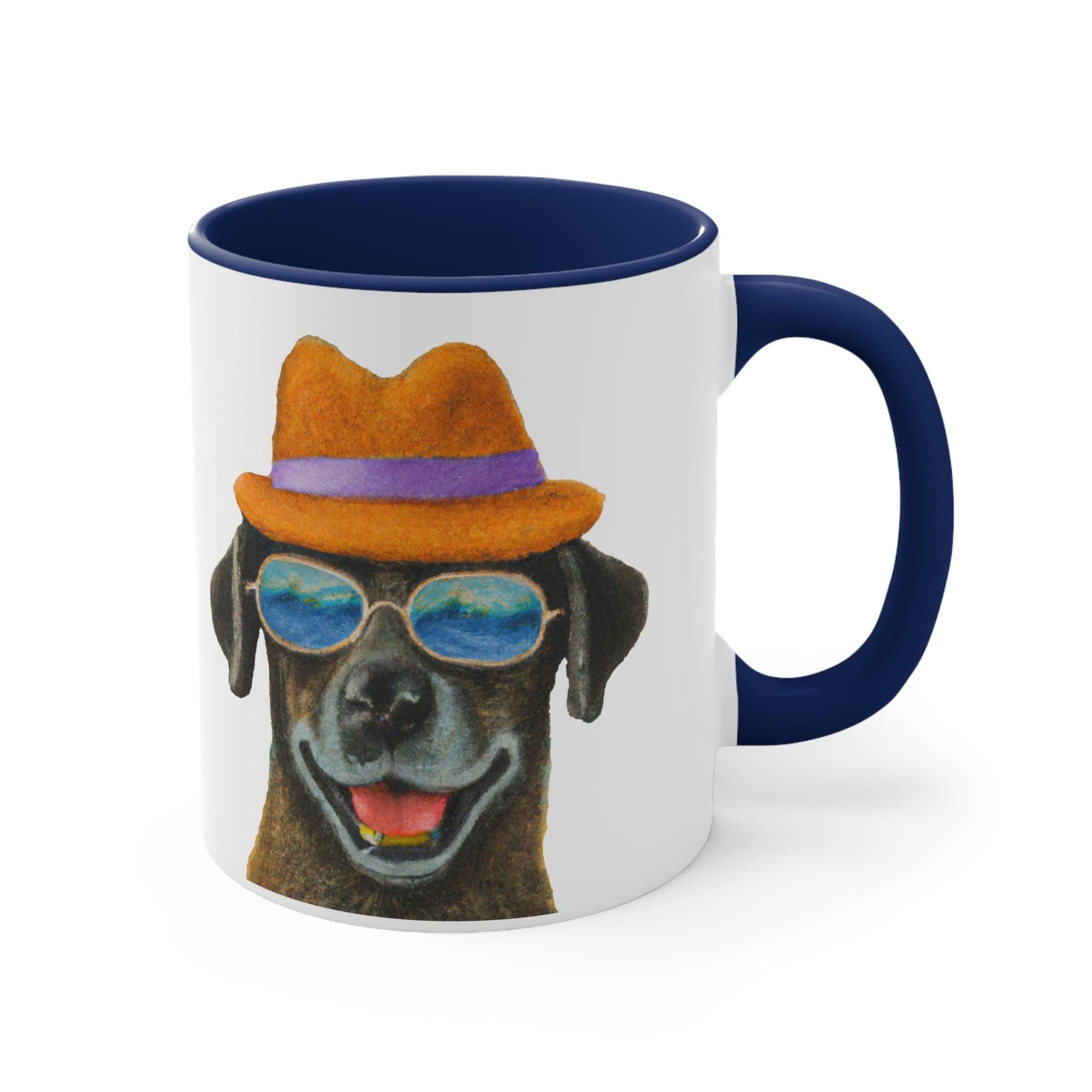 Dog at the beach wearing a hat and sunglasses painted art Accent Coffee Mug, 11oz - Giftsmojo