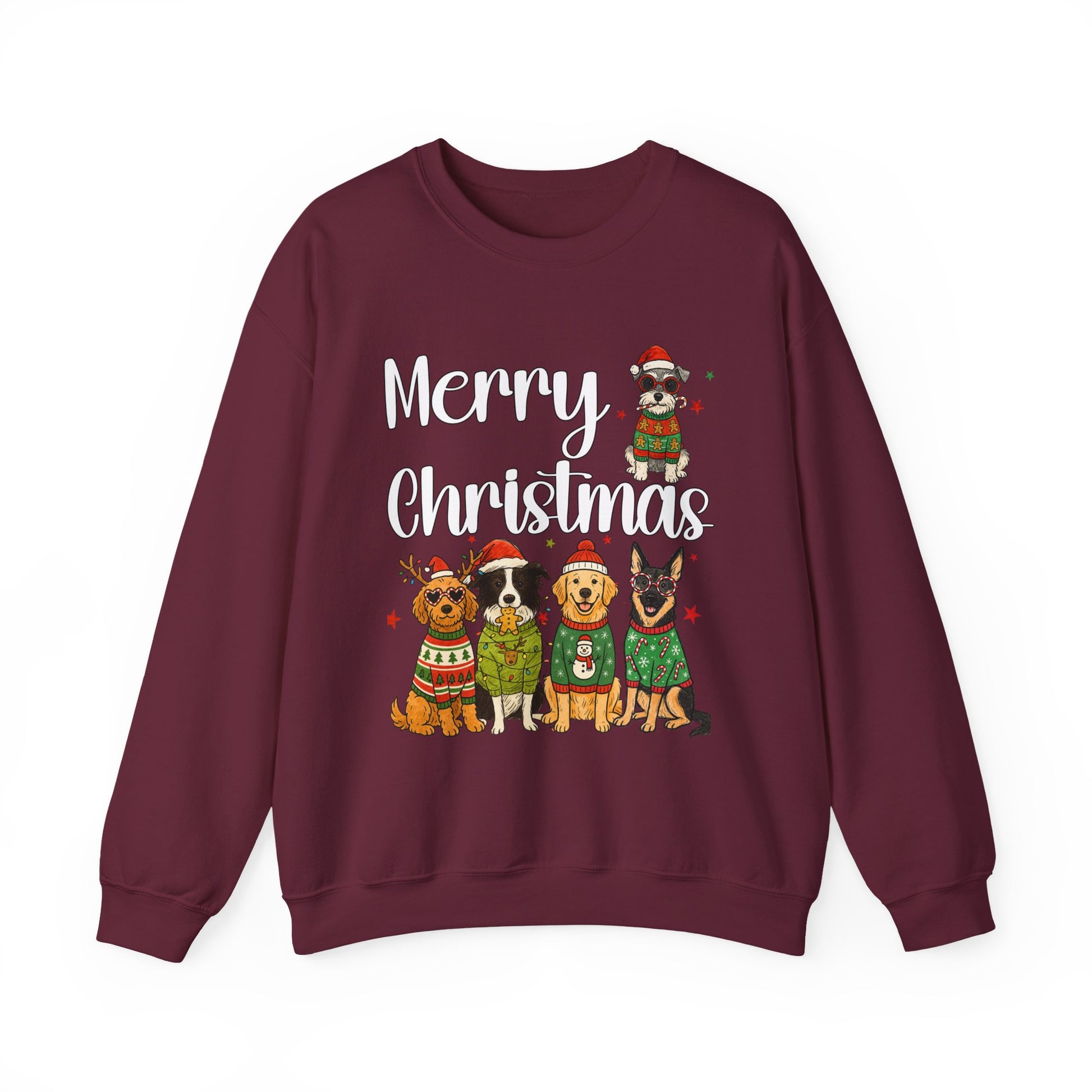 maroon sweatshirt featuring five Christmas dogs design, ribbed collar and cuffs visible in close product shot