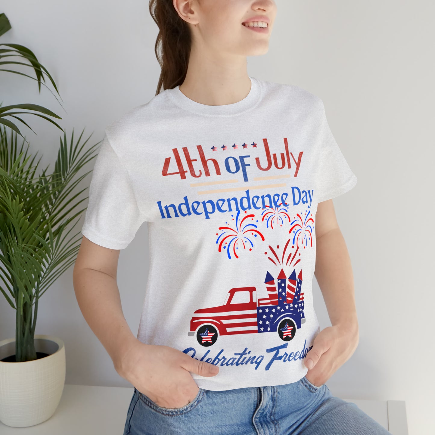 Celebrate Independence with our Patriotic Freedom Shirt! Men and Women's 4th of July Shirt featuring USA Flag, Fireworks, and Joyful Spirit!"