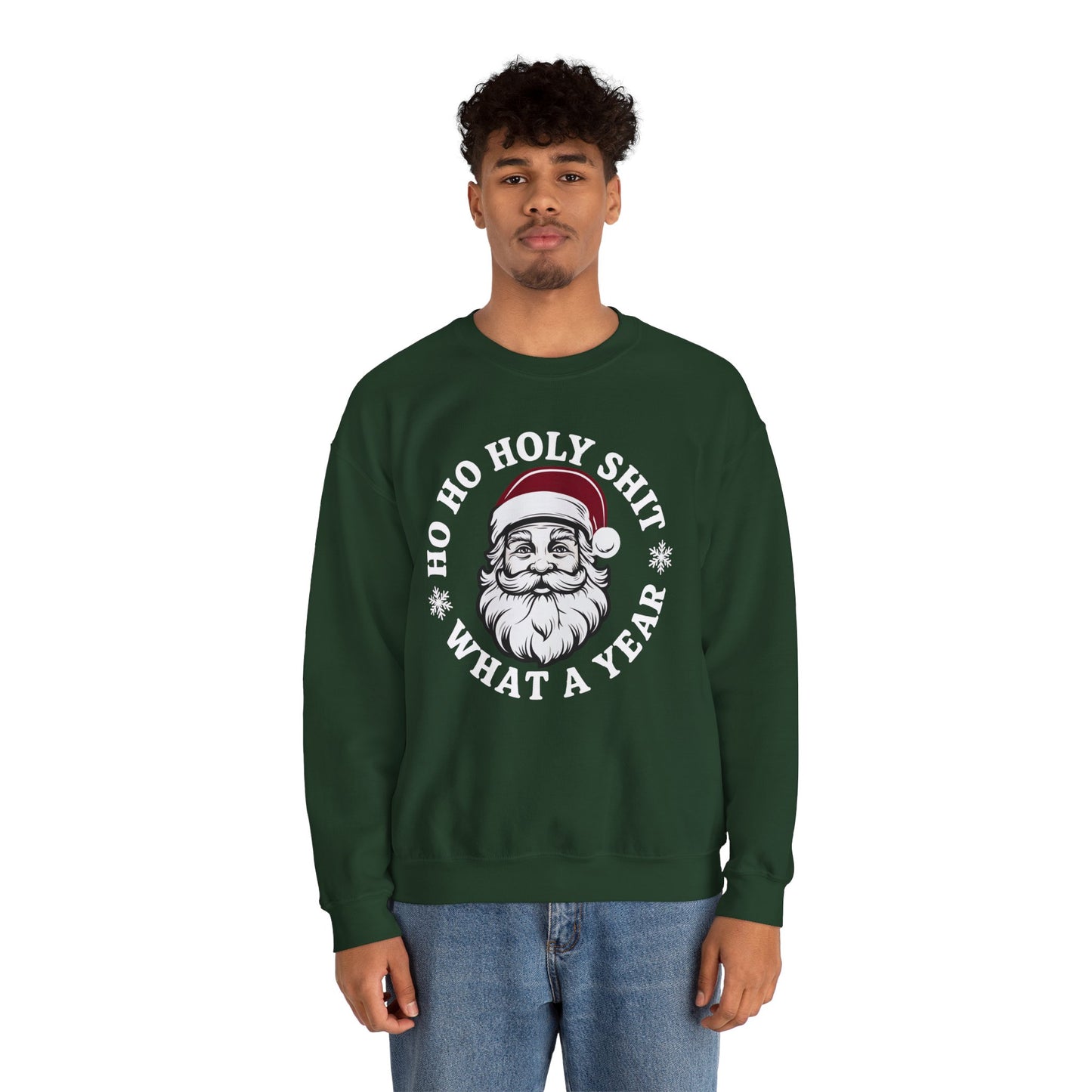 Forest green unisex fleece with humorous “Ho Ho Holy Shit” text graphic, ribbed collar and cuffs visible
