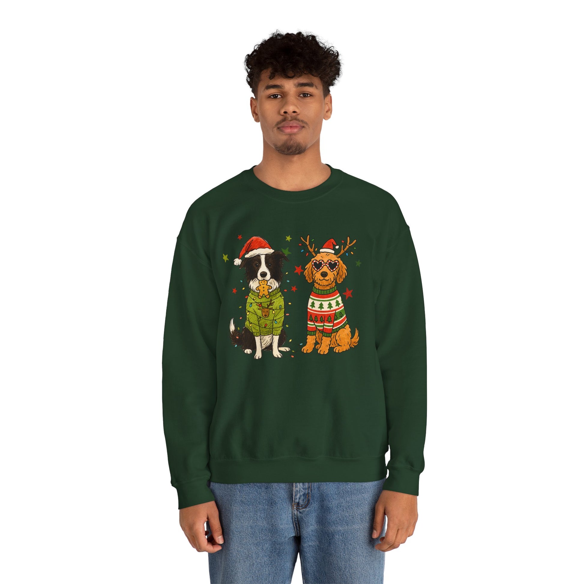 Forest green unisex crewneck with two dogs in holiday sweaters and “Merry Christmas” text, centered graphic