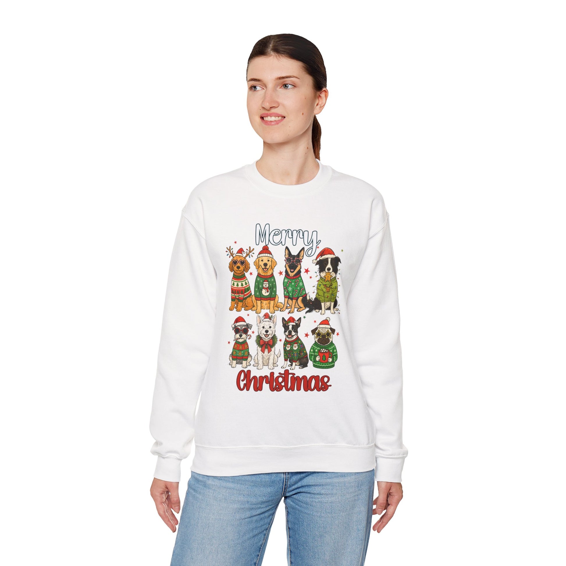 Close-up of dogs graphic on white Christmas sweatshirt, durable print with ribbed collar and cuffs visible