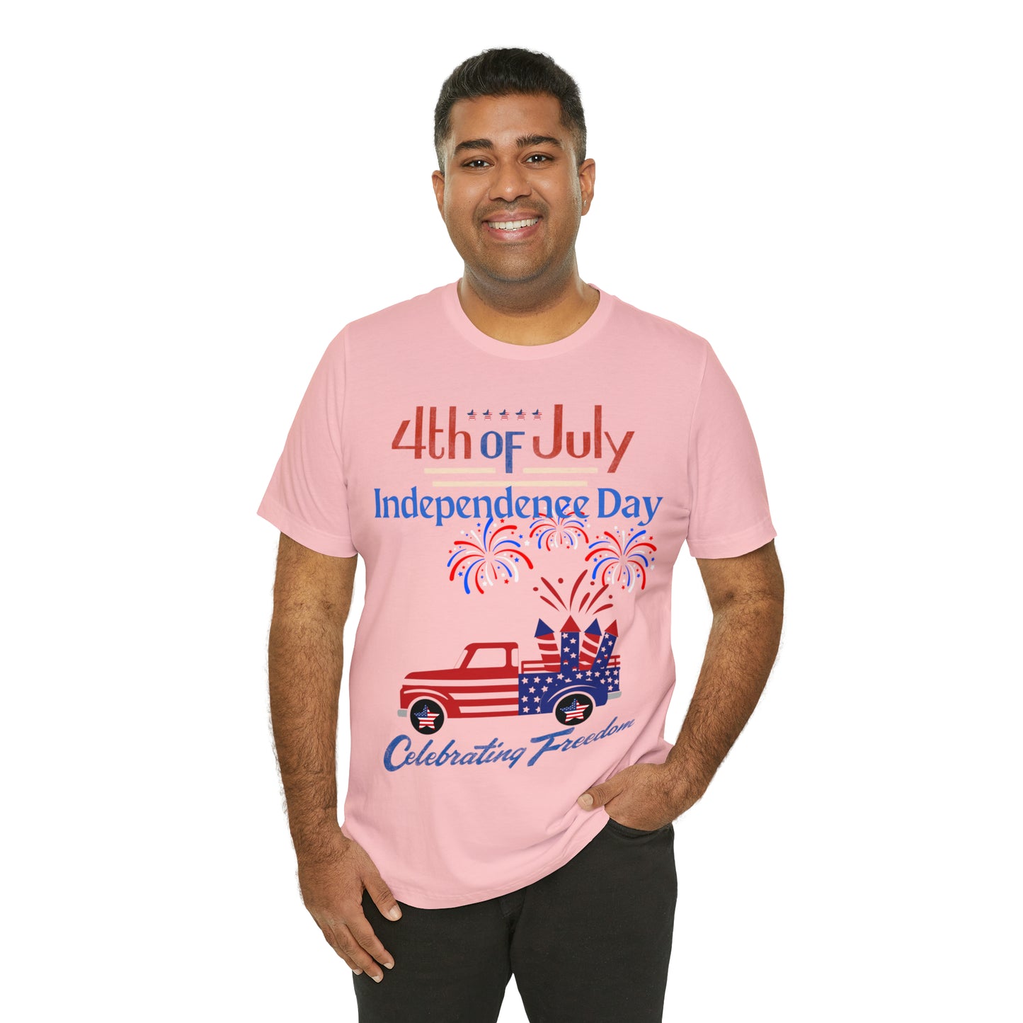 Celebrate Independence with our Patriotic Freedom Shirt! Men and Women's 4th of July Shirt featuring USA Flag, Fireworks, and Joyful Spirit!"