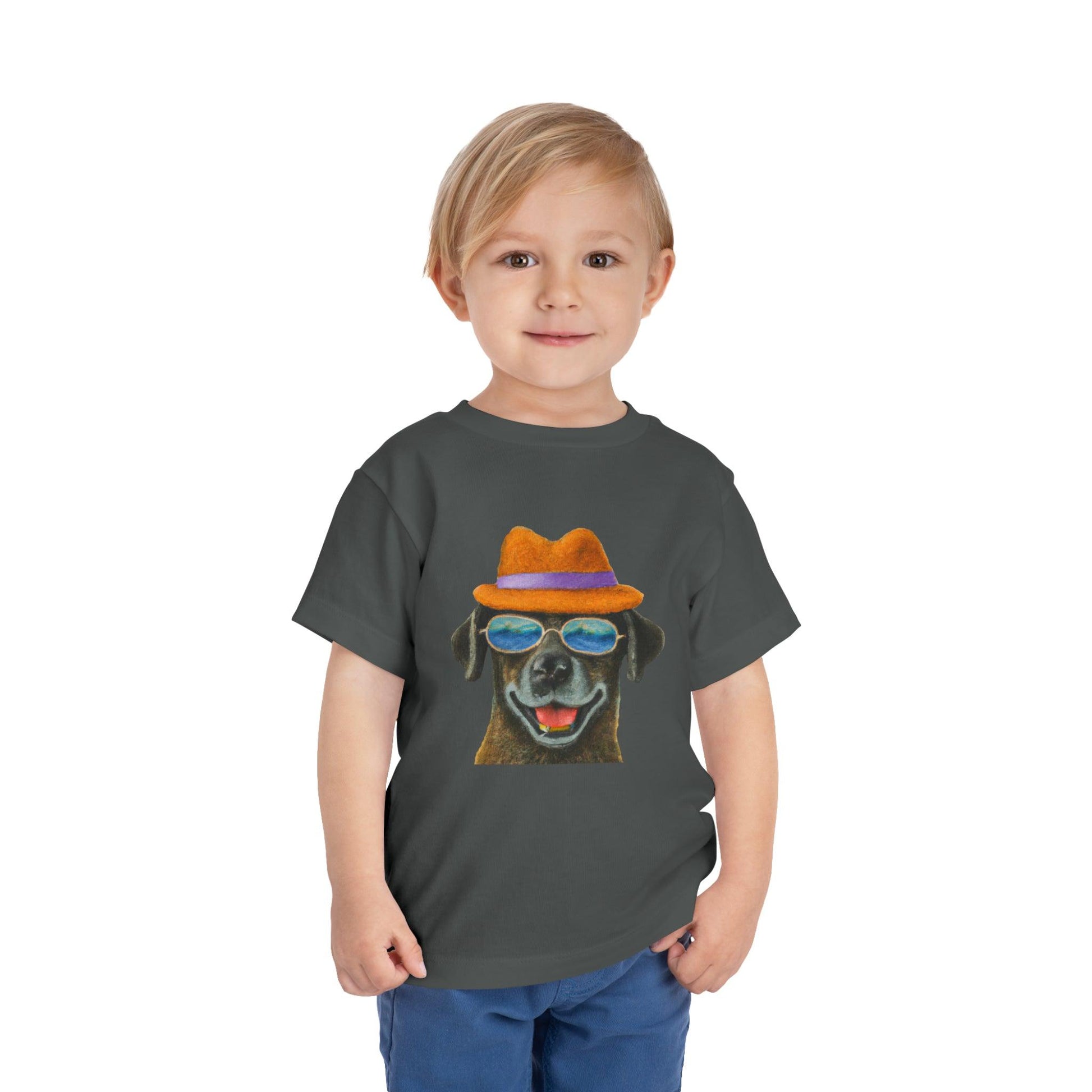 Dog at the beach wearing a hat and sunglasses painted art Toddler Short Sleeve Tee - Giftsmojo