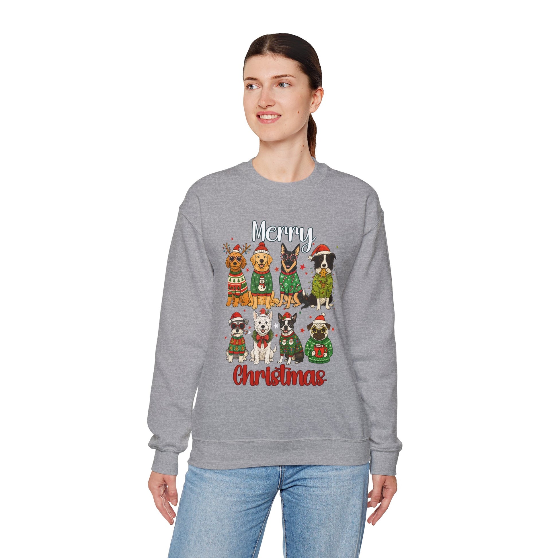 Close-up of dogs graphic on gray Christmas sweatshirt, durable print with ribbed collar and cuffs visible