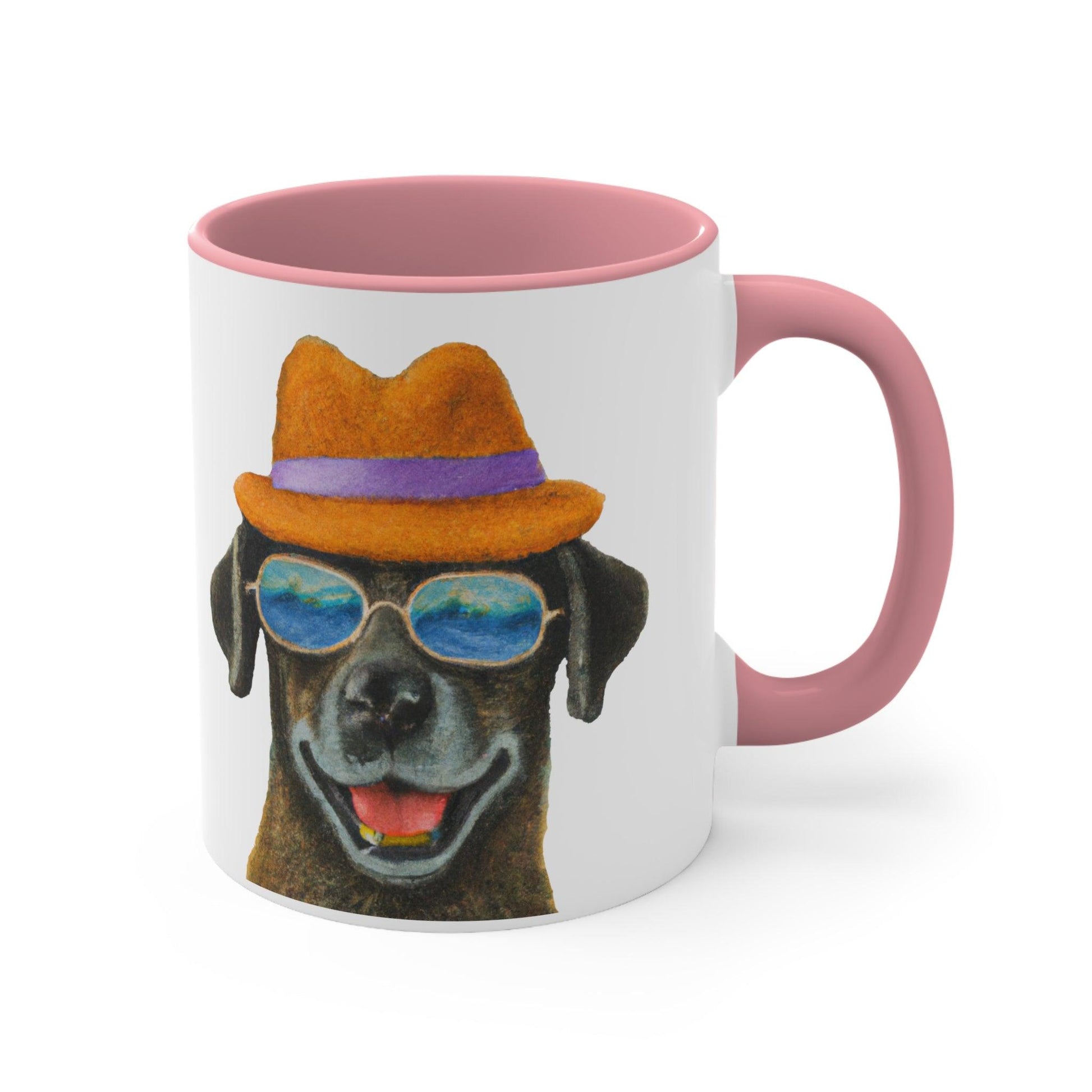 Dog at the beach wearing a hat and sunglasses painted art Accent Coffee Mug, 11oz - Giftsmojo