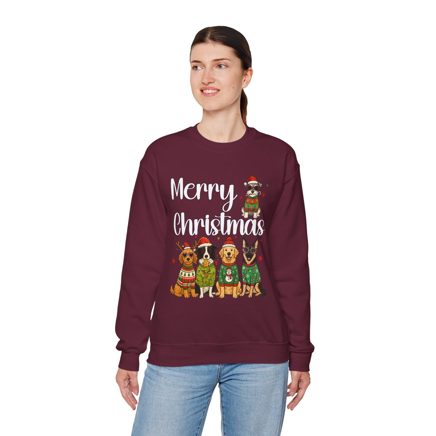 5 Dogs Christmas Sweatshirt Unisex Fleece Crew | GiftsMojo