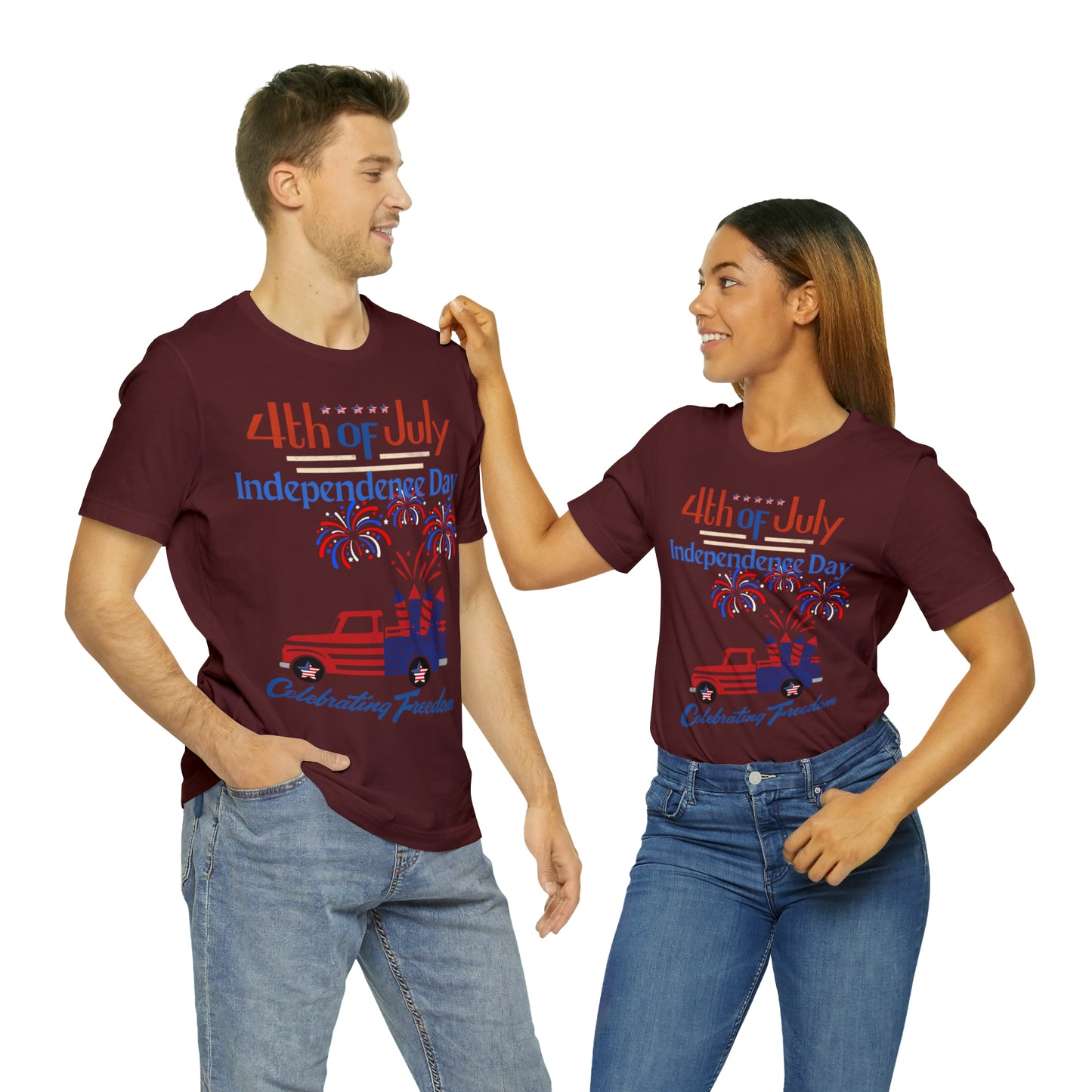 Celebrate Independence with our Patriotic Freedom Shirt! Men and Women's 4th of July Shirt featuring USA Flag, Fireworks, and Joyful Spirit!"