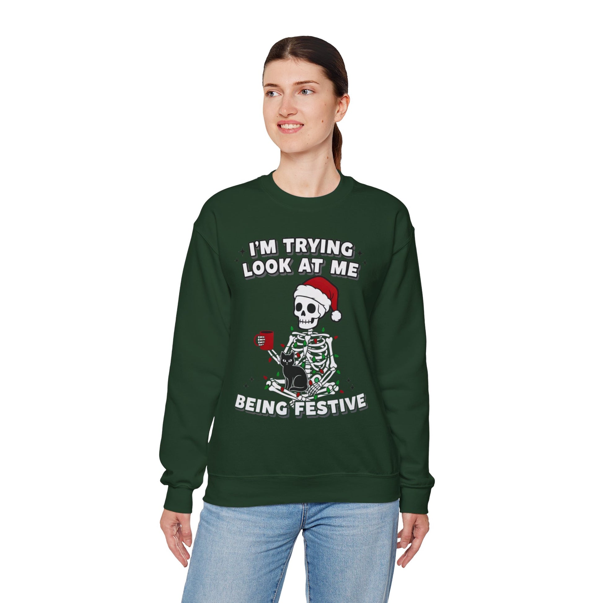 green fleece crew with centered skeleton artwork, photo-friendly high-contrast graphic on clean product backdrop