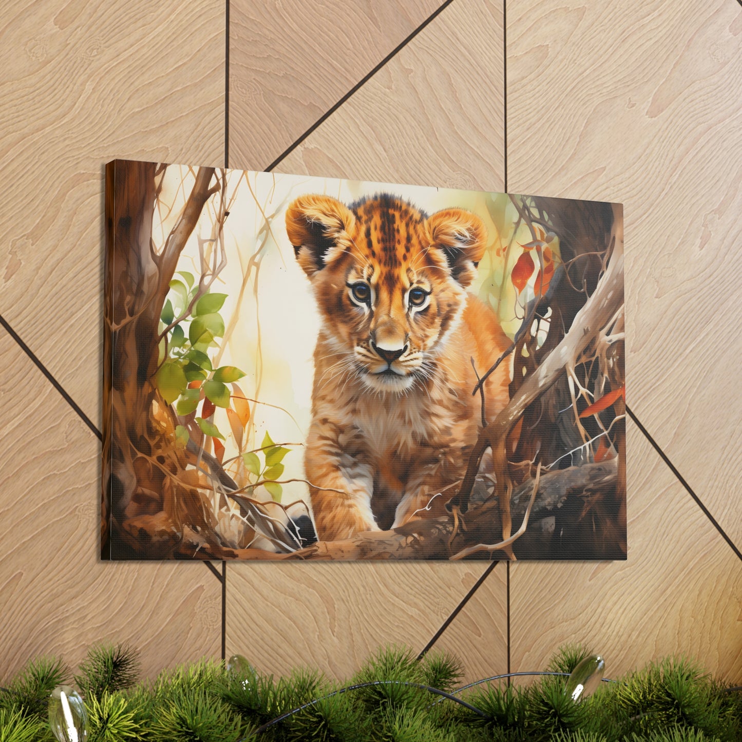 Watercolor Baby Lion In Nature Art Canvas Gallery Wraps Baby Lion Print Large Canvas Art Animal Wall Art minimalist Wall Art Lover Gift