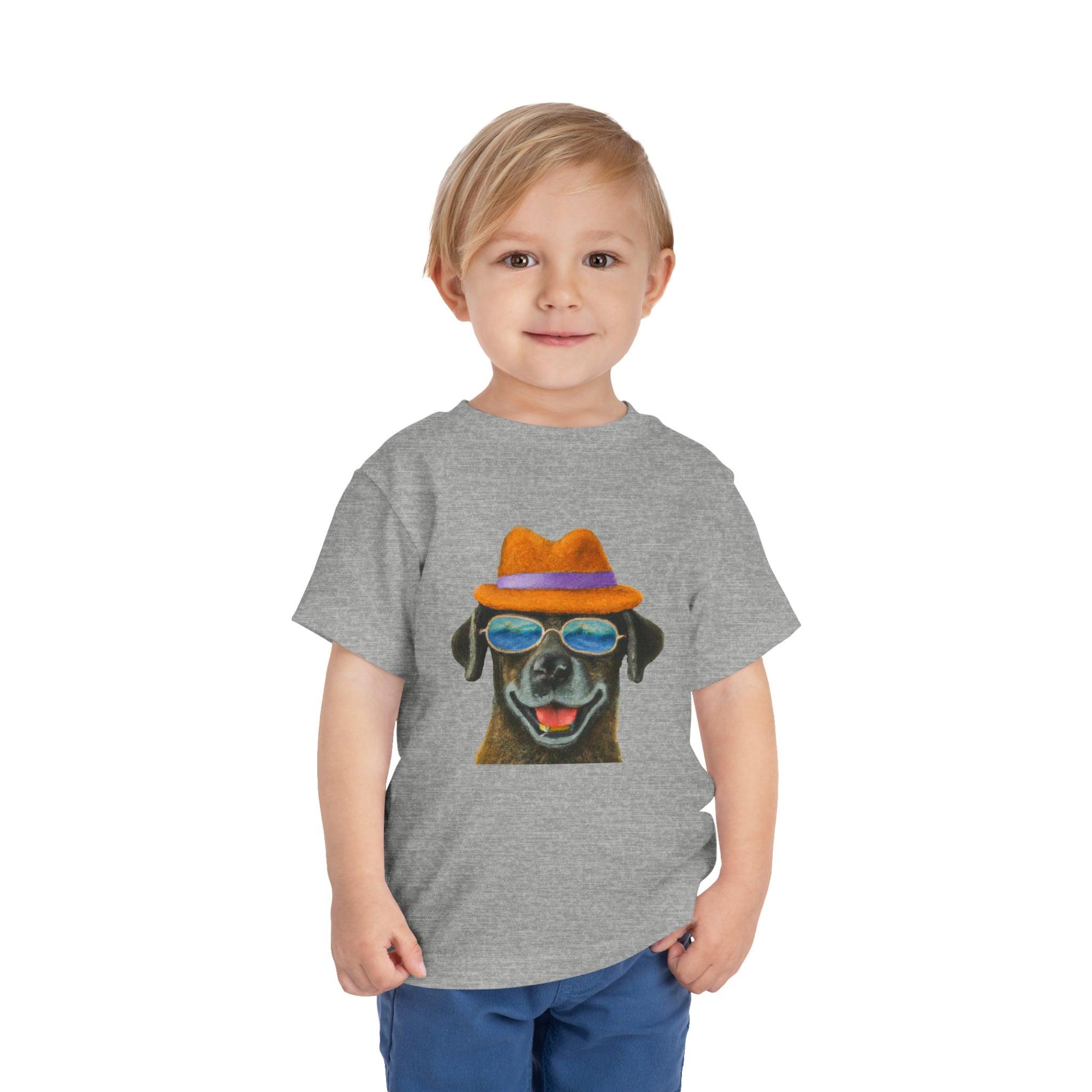 Dog at the beach wearing a hat and sunglasses painted art Toddler Short Sleeve Tee - Giftsmojo