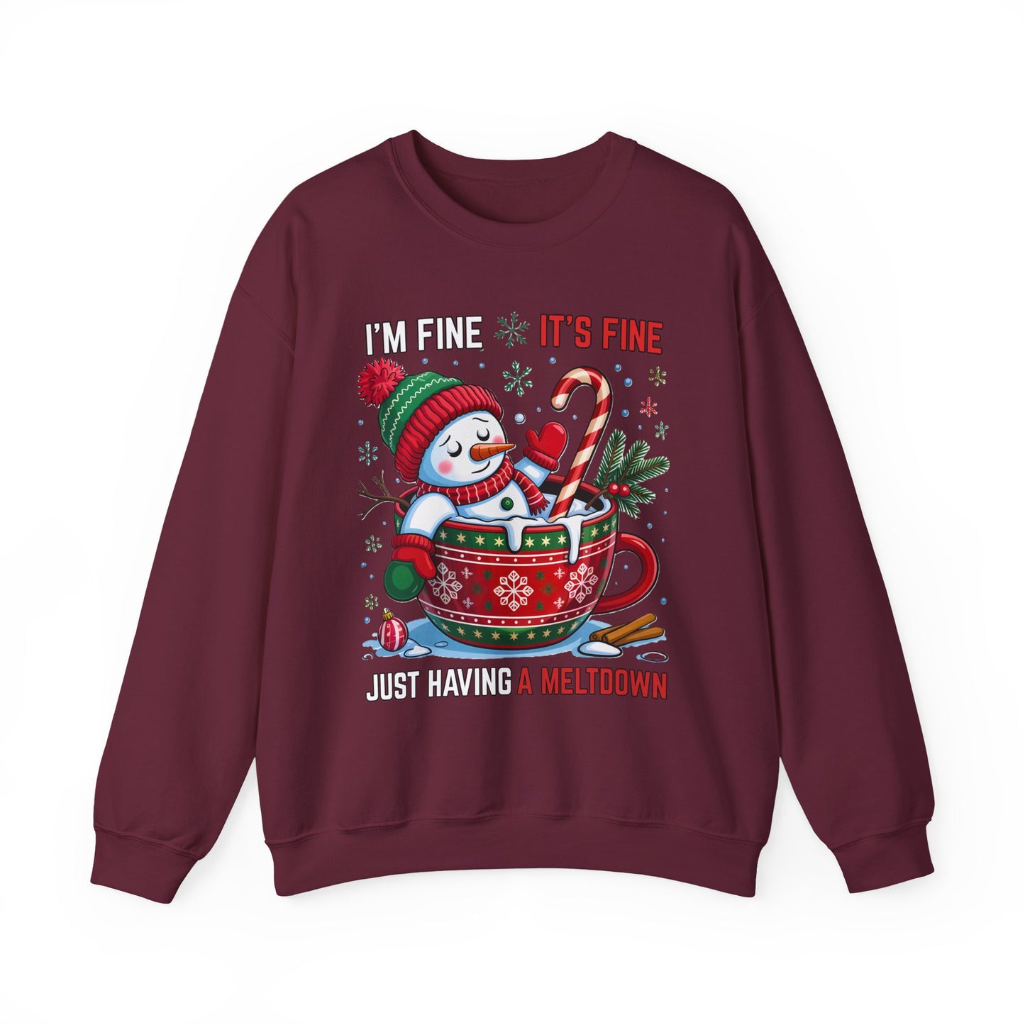 nisex crewneck with Santa melting inside a red mug and candy cane, “I’m Fine It’s Fine” text, front view on white background