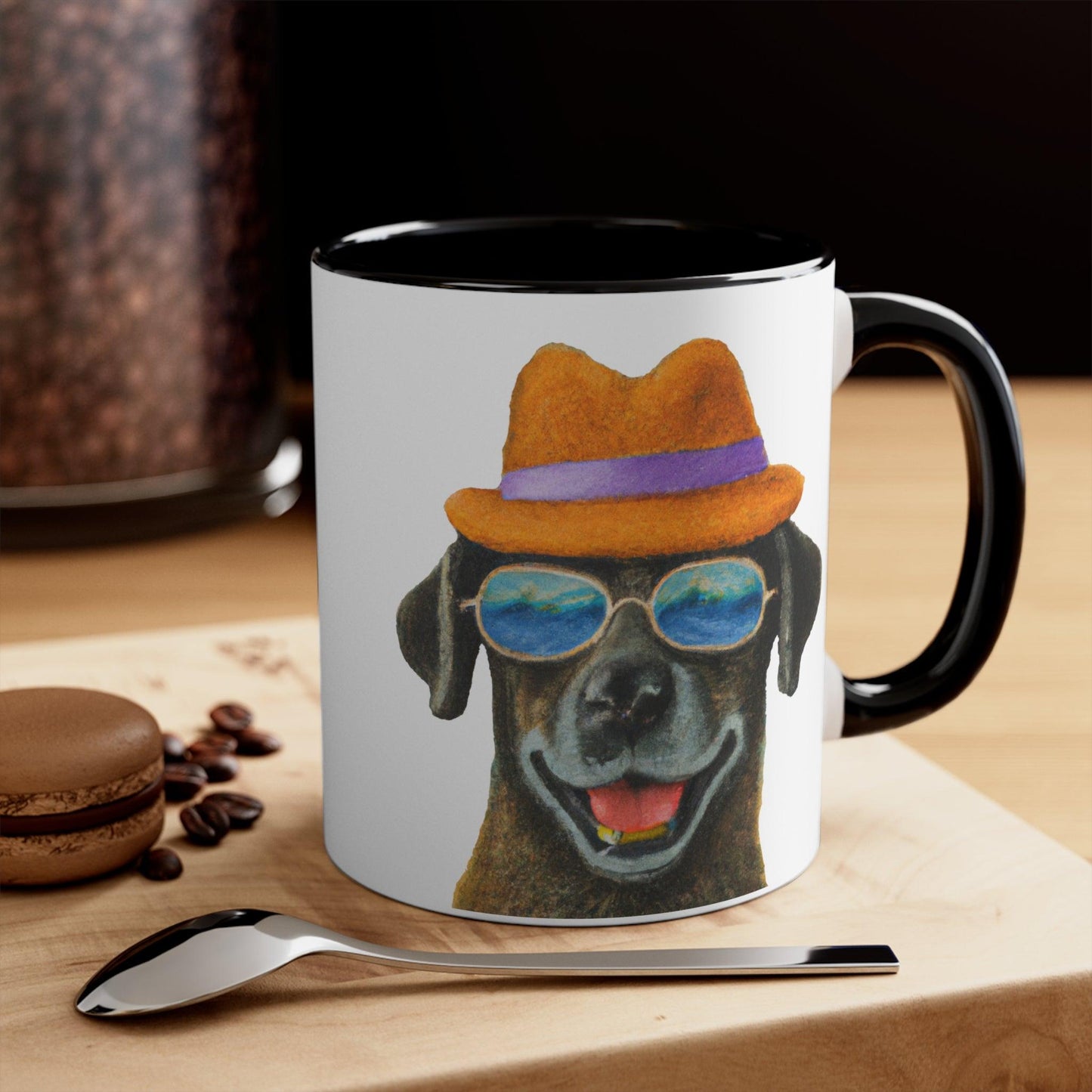 Dog at the beach wearing a hat and sunglasses painted art Accent Coffee Mug, 11oz - Giftsmojo