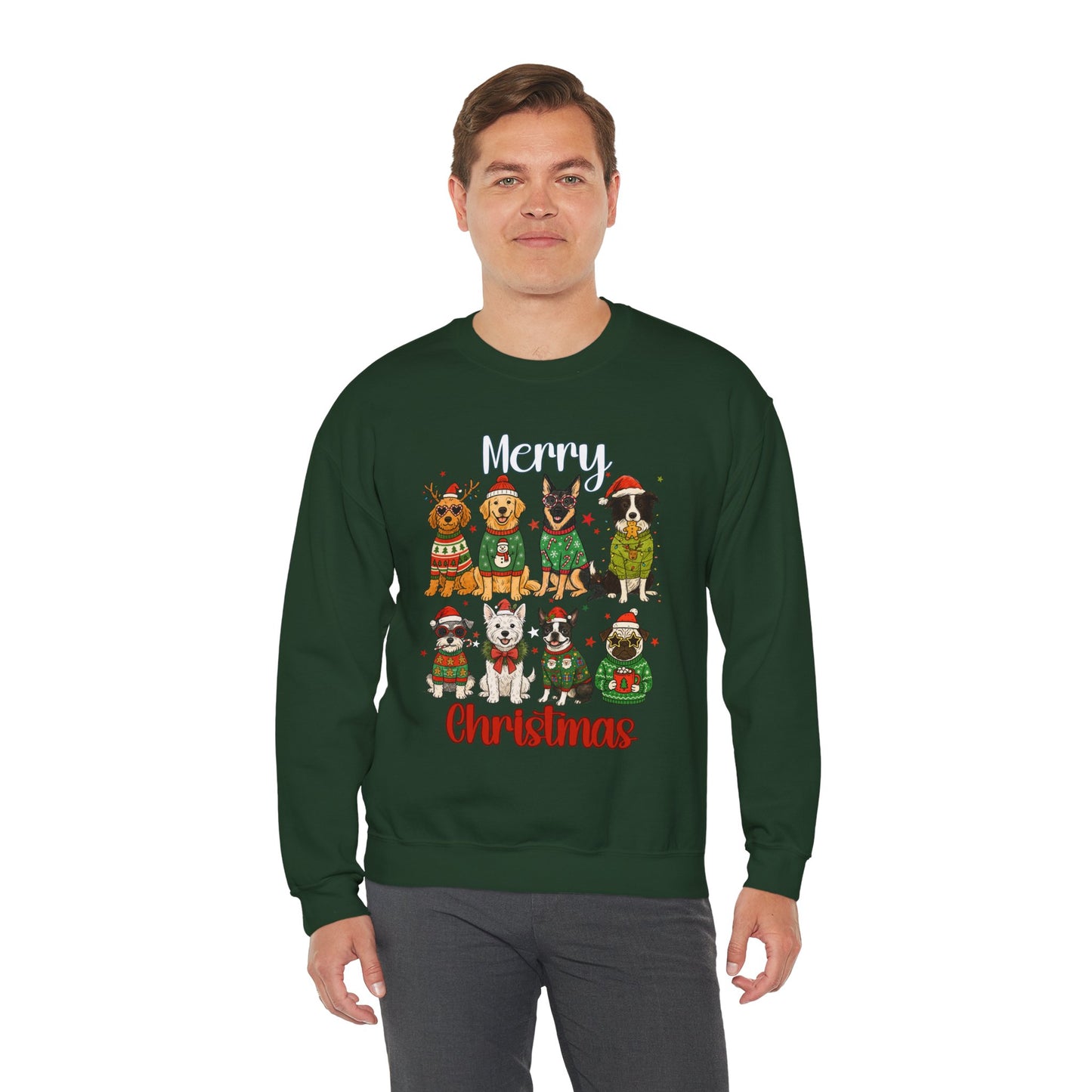 Close-up of dogs graphic on green Christmas sweatshirt, durable print with ribbed collar and cuffs visible