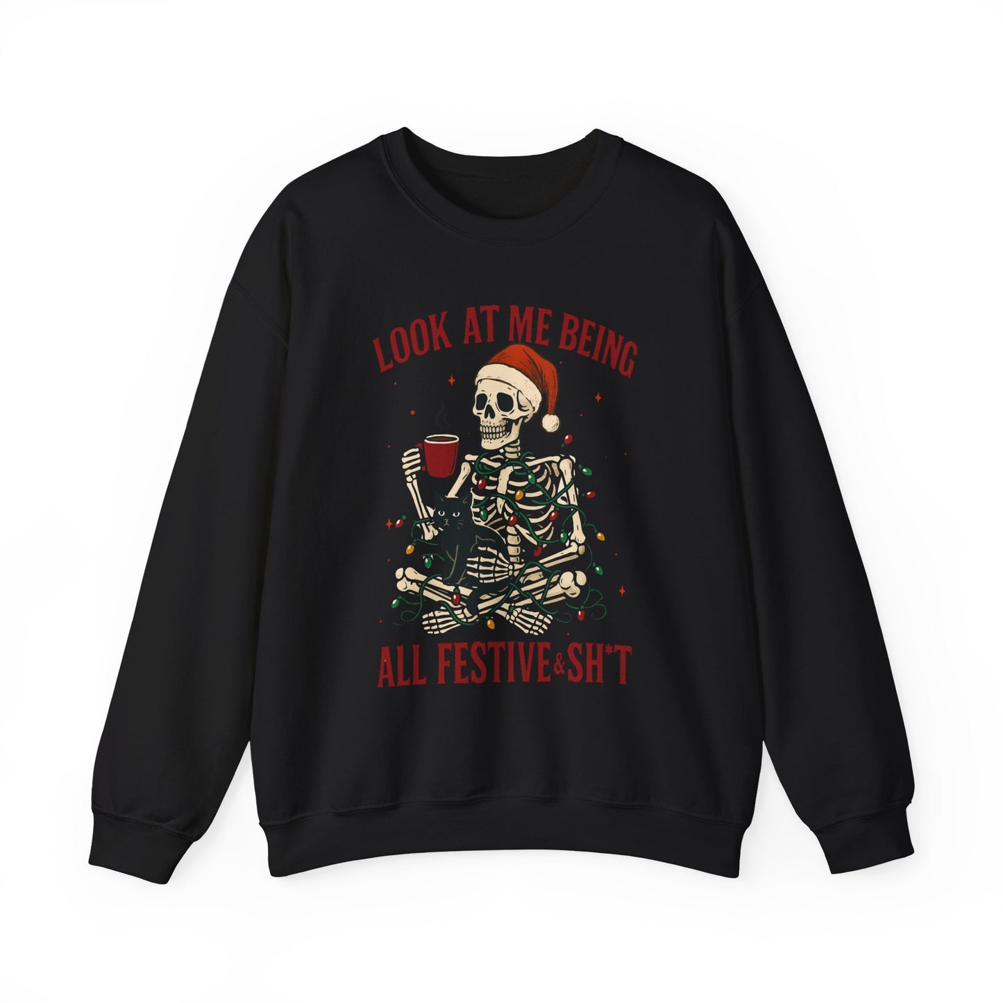Black Christmas sweatshirt showing skeleton-in-lights artwork with cheeky text, relaxed unisex cut in flat product mockup