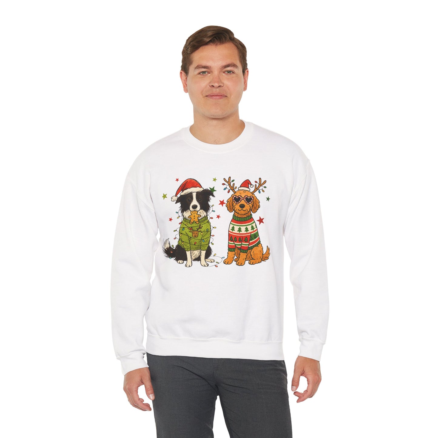 2 Dogs Christmas Sweatshirt Unisex Fleece Crew | GiftsMojo