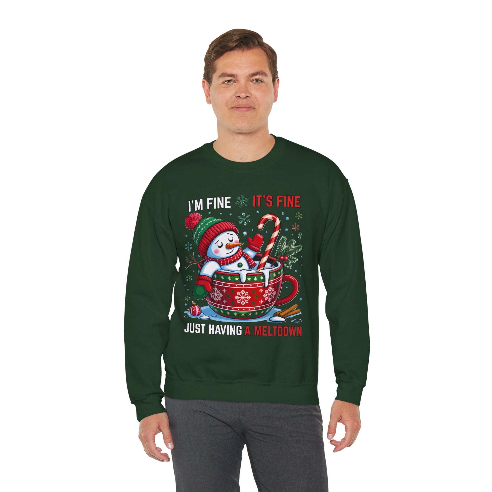 Forest green crewneck featuring “I’m Fine It’s Fine” text above Santa melting in mug, ribbed collar and cuffs visible
