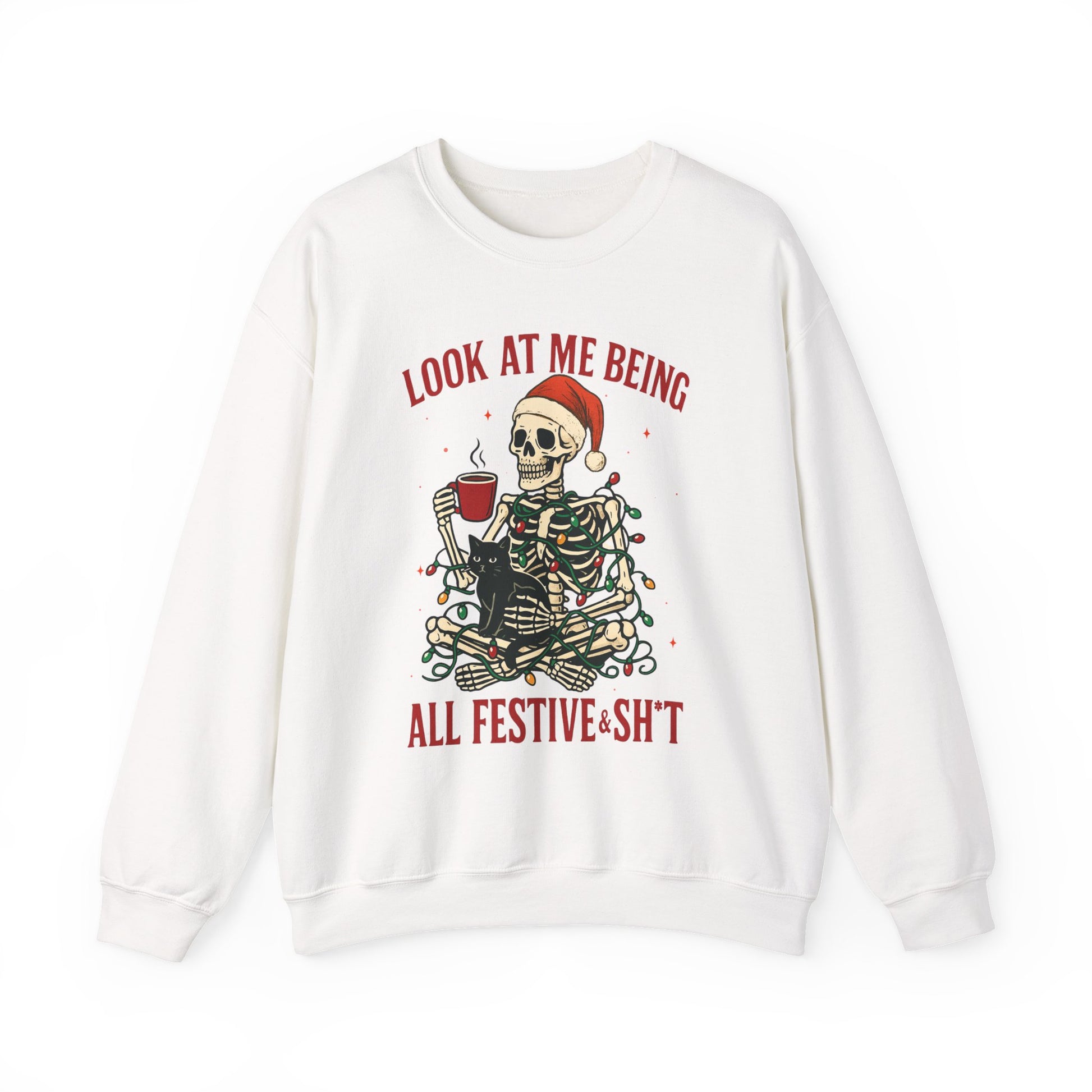 Unisex crewneck with reindeer wearing striped scarf, centered chest graphic, studio front view on clean white background
