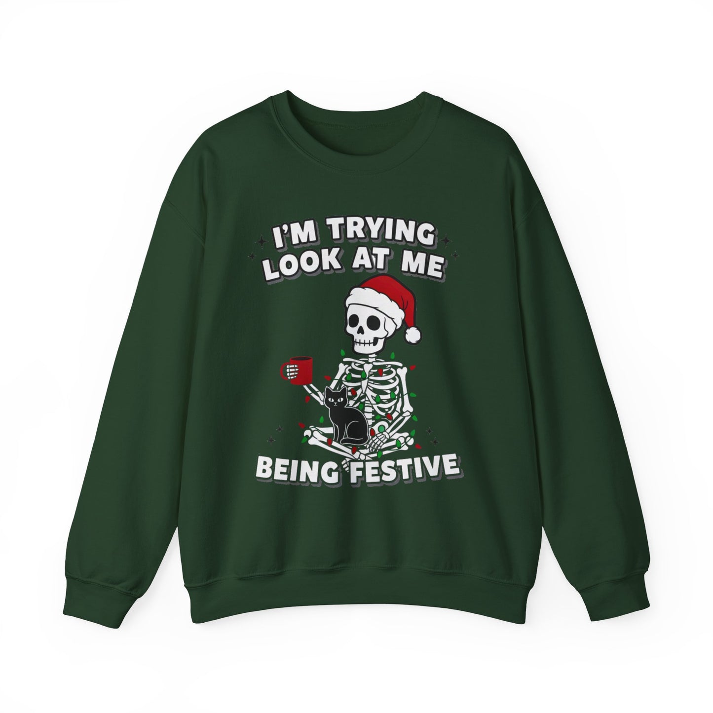 Unisex crewneck with skeleton in Santa hat, humorous holiday text artwork centered on chest, studio front view on white