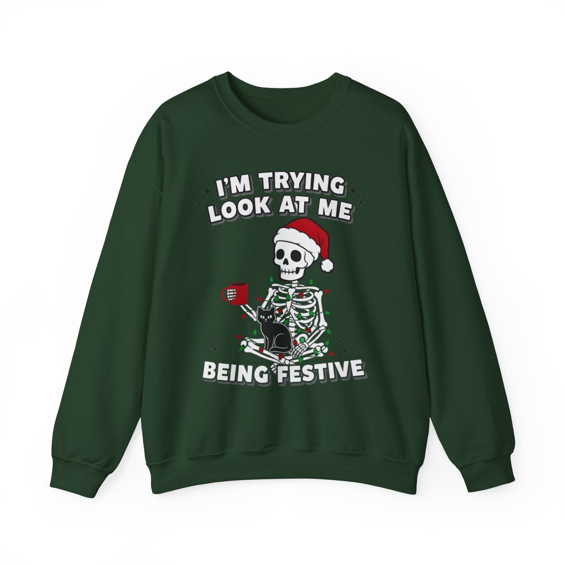 Unisex crewneck with skeleton in Santa hat, humorous holiday text artwork centered on chest, studio front view on white