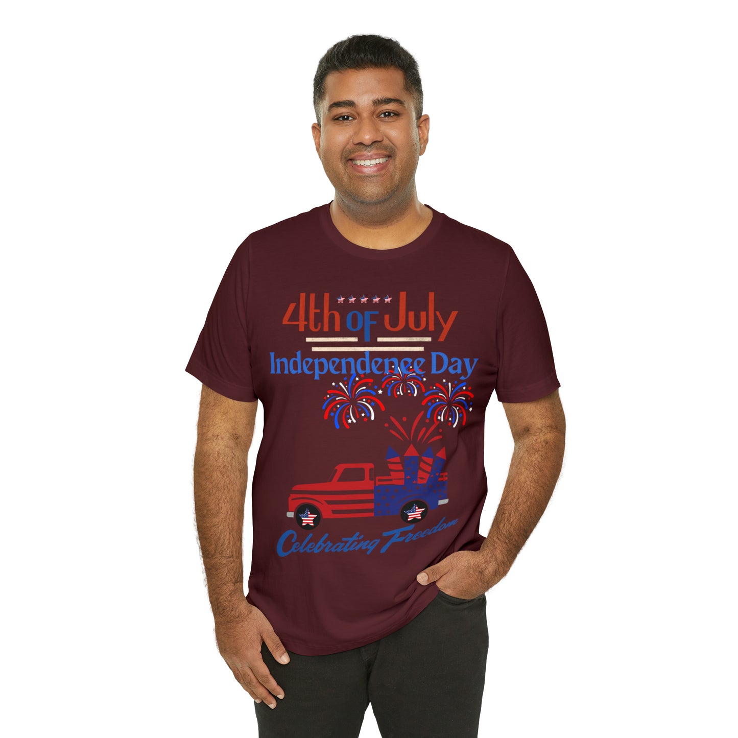 Celebrate Independence with our Patriotic Freedom Shirt! Men and Women's 4th of July Shirt featuring USA Flag, Fireworks, and Joyful Spirit!"