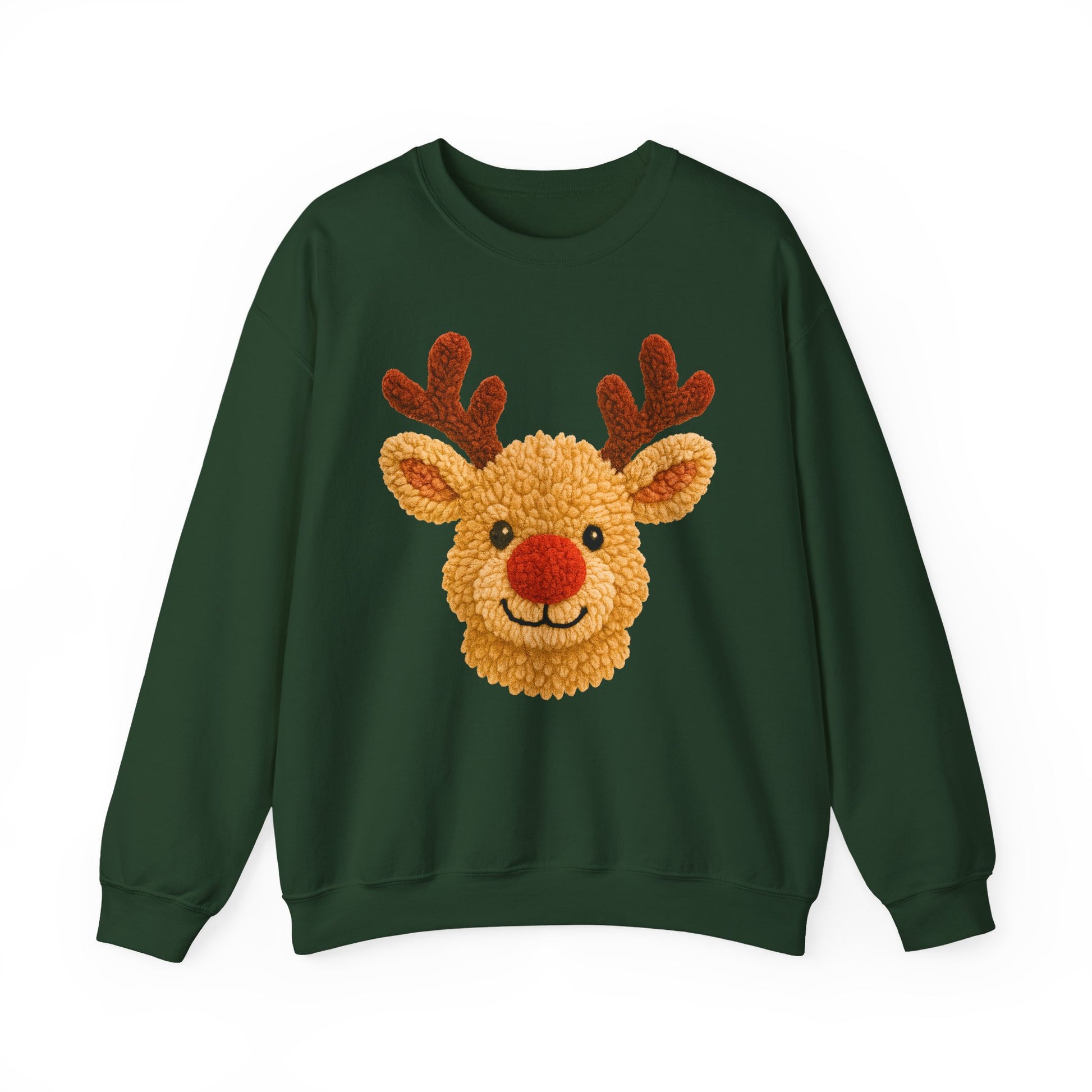 Forest green fleece crew with high-contrast reindeer design, ribbed collar and cuffs visible in product mockup