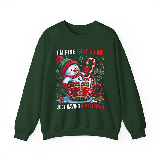 nisex crewneck with Santa melting inside a red mug and candy cane, “I’m Fine It’s Fine” text, front view on white background