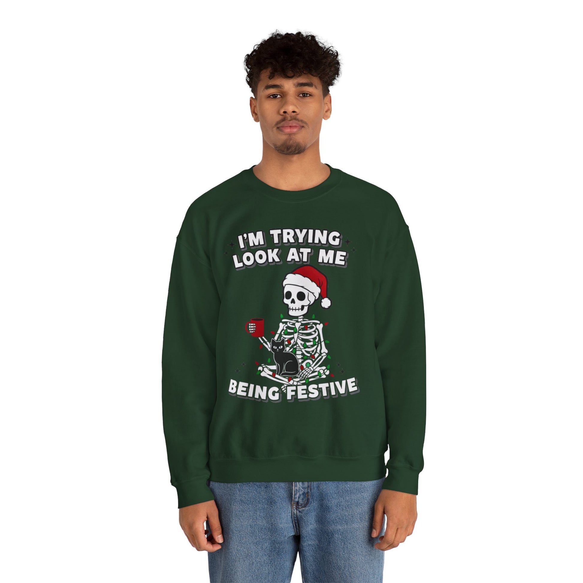 Forest green crewneck featuring skeleton holiday design, ribbed collar and cuffs visible, crisp front print