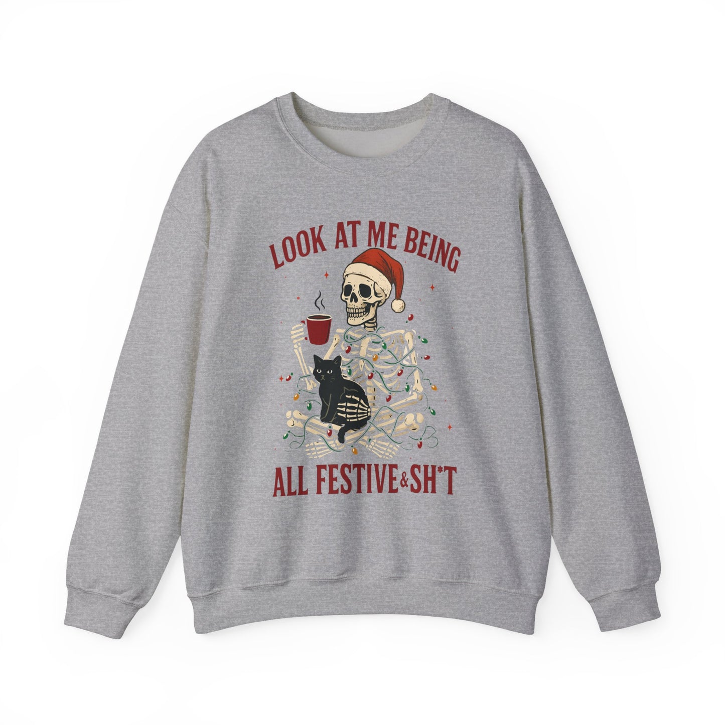 gray Christmas sweatshirt showing skeleton-in-lights artwork with cheeky text, relaxed unisex cut in flat product mockup