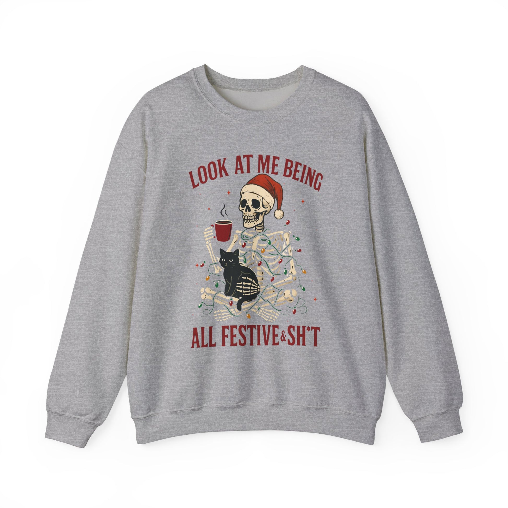 gray Christmas sweatshirt showing skeleton-in-lights artwork with cheeky text, relaxed unisex cut in flat product mockup