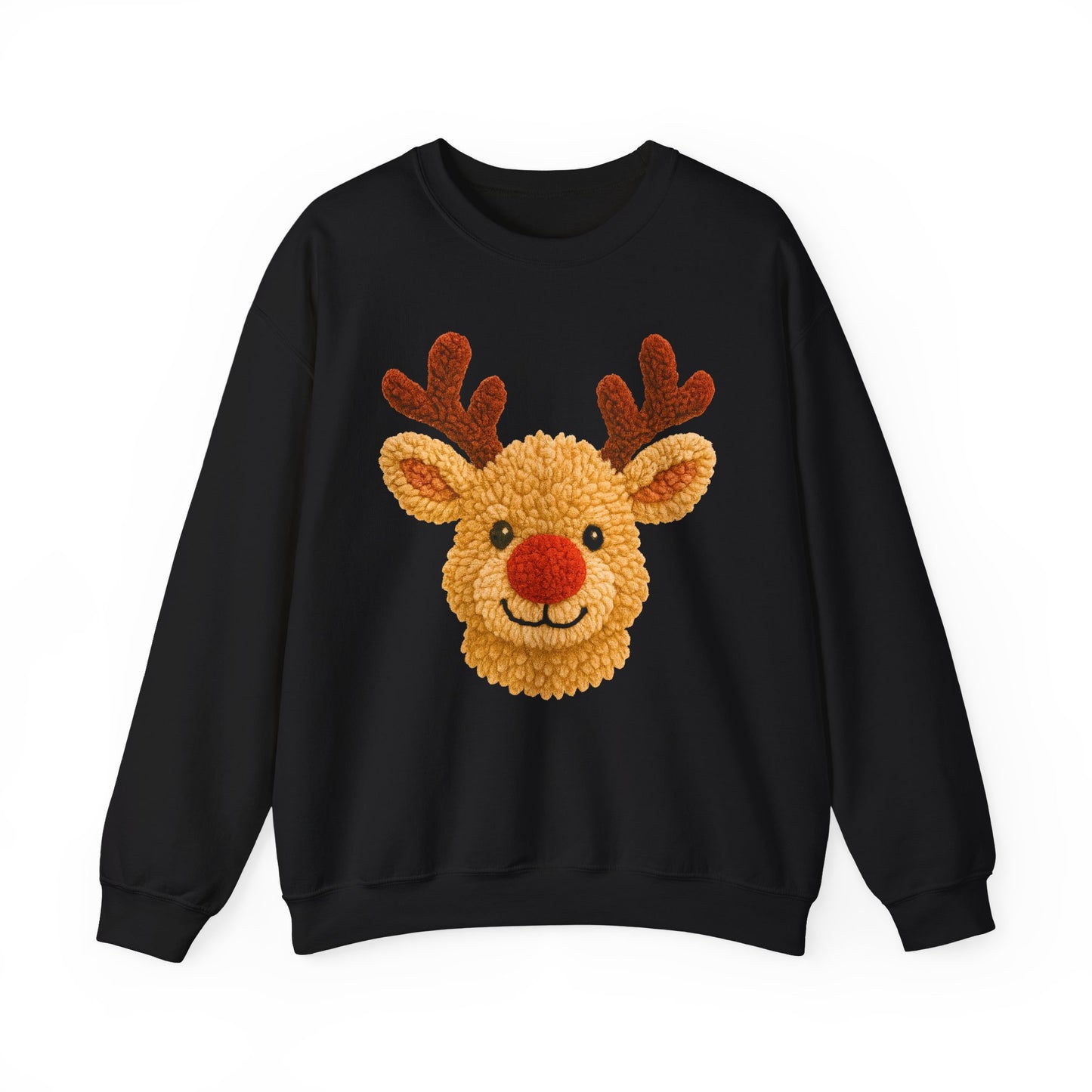 black fleece crew with high-contrast reindeer design, ribbed collar and cuffs visible in product mockup