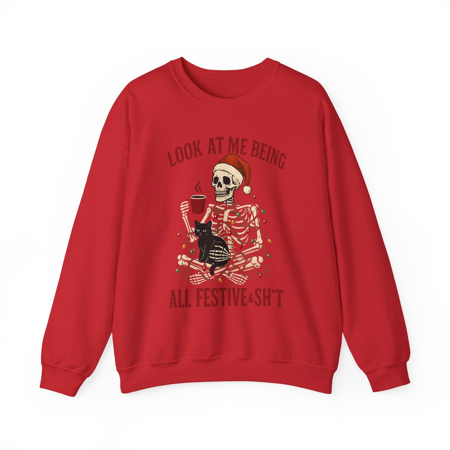 Red unisex sweatshirt featuring skeleton wrapped in lights, crisp front print shown flat on clean background
