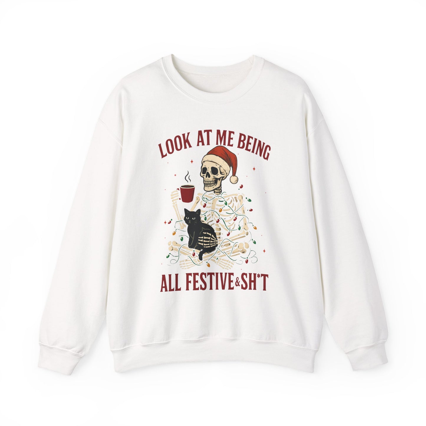 Unisex crewneck with skeleton wrapped in string lights and humorous quote, centered chest graphic, studio front view on white