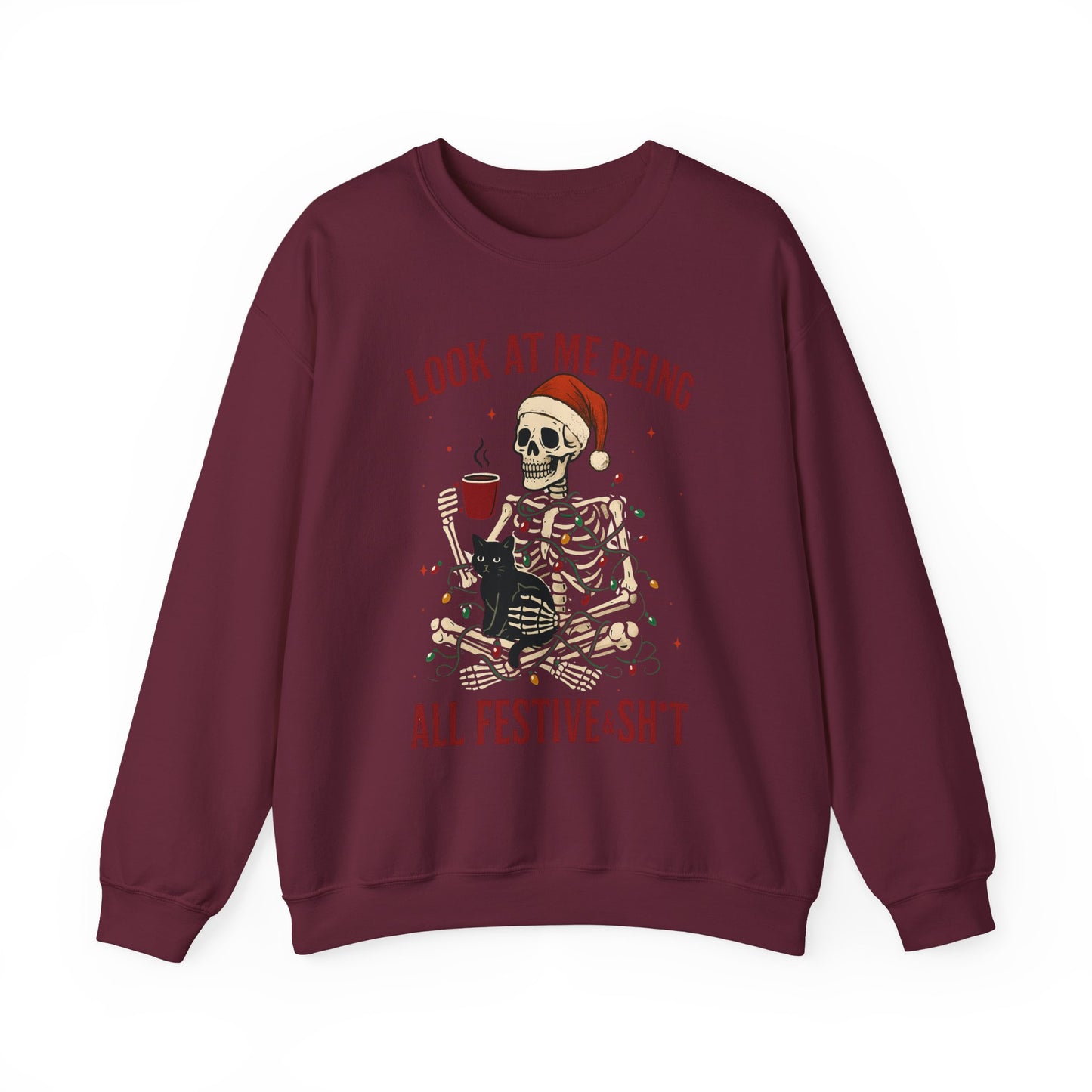 maroon Christmas sweatshirt showing skeleton-in-lights artwork with cheeky text, relaxed unisex cut in flat product mockup