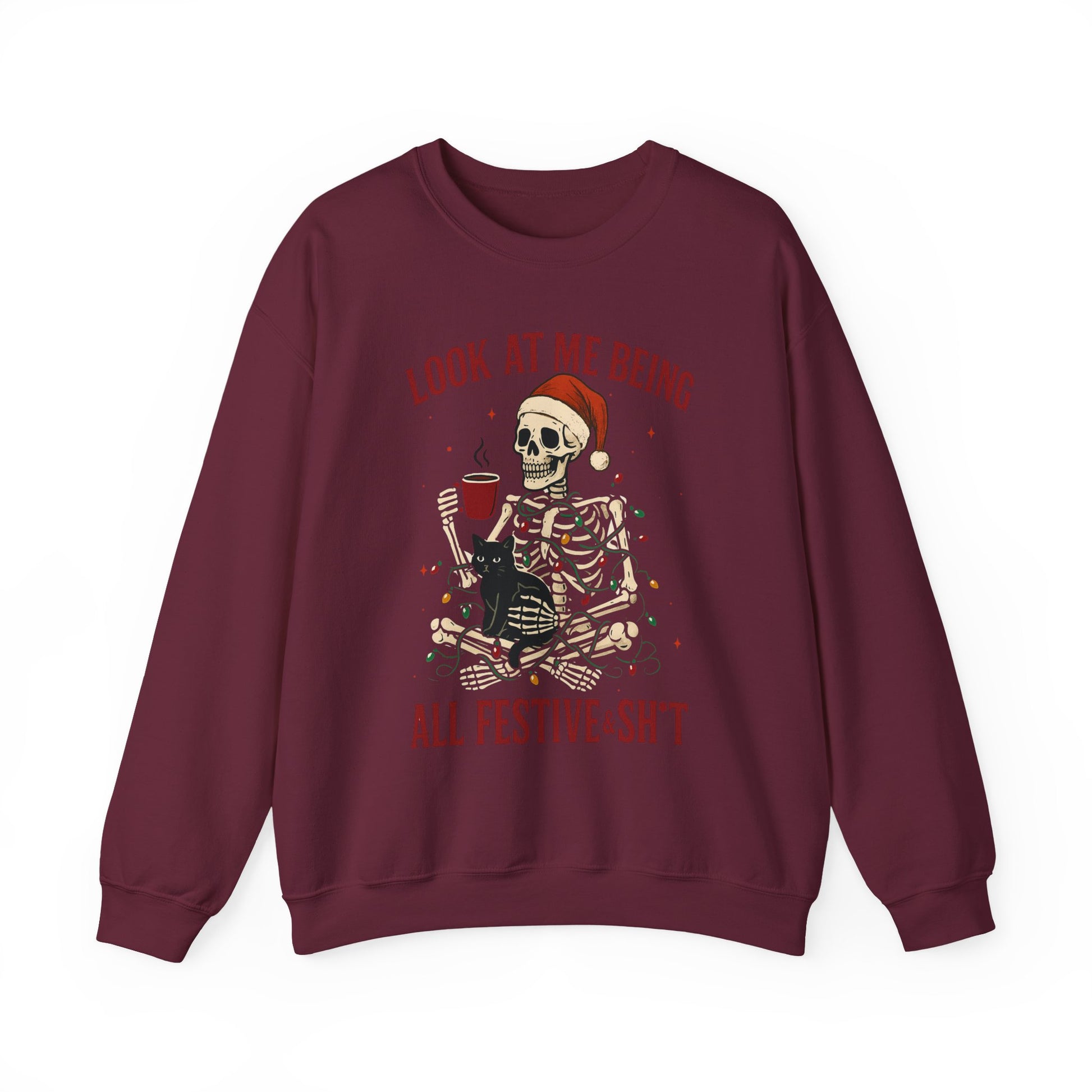 maroon Christmas sweatshirt showing skeleton-in-lights artwork with cheeky text, relaxed unisex cut in flat product mockup
