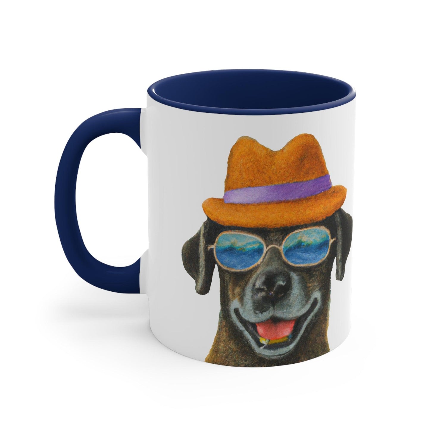 Dog at the beach wearing a hat and sunglasses painted art Accent Coffee Mug, 11oz - Giftsmojo