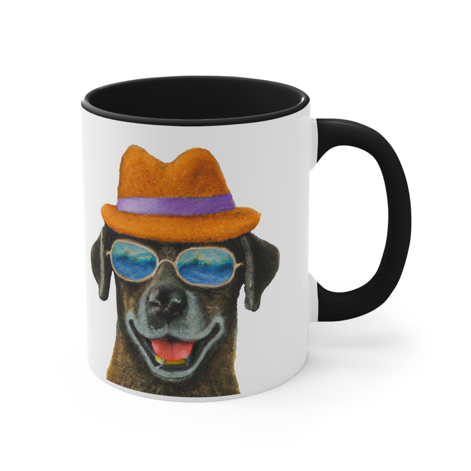 Dog at the beach wearing a hat and sunglasses painted art Accent Coffee Mug, 11oz - Giftsmojo