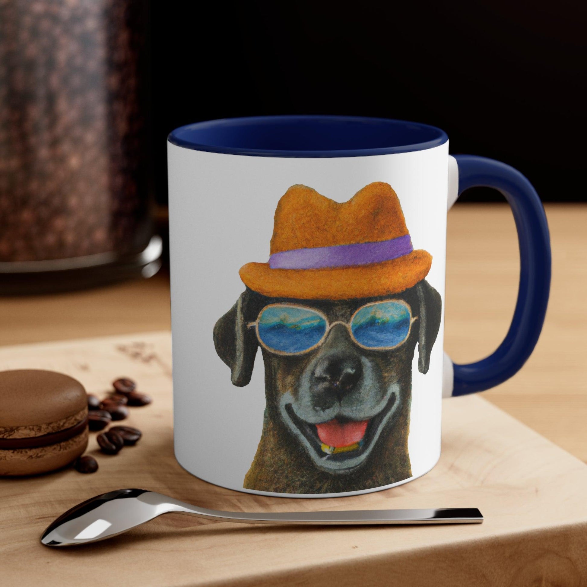 Dog at the beach wearing a hat and sunglasses painted art Accent Coffee Mug, 11oz - Giftsmojo