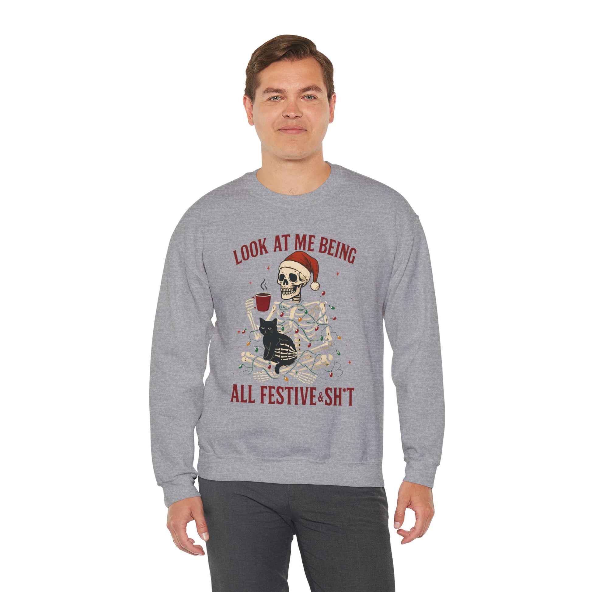 grey Christmas sweatshirt showing skeleton-in-lights artwork with cheeky text, relaxed unisex cut in flat product mockup
